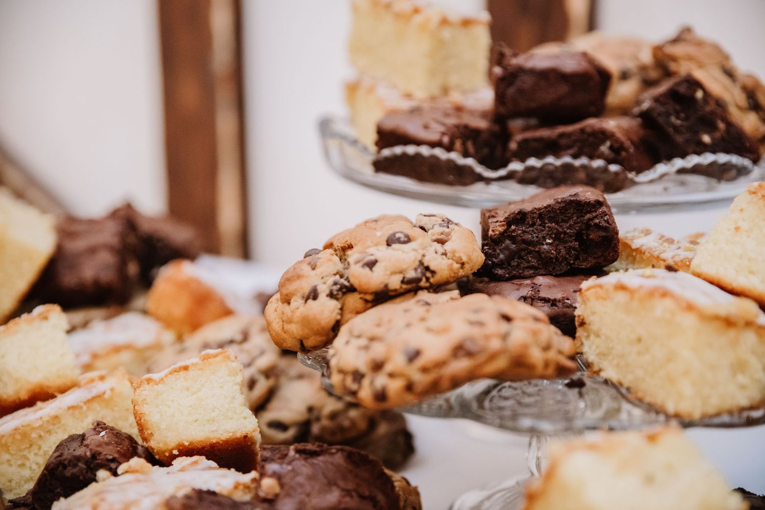 Cookie, brownie and cake tower at Poole wedding venue the Crown Pub, Dorset. Dorset candid wedding photographer