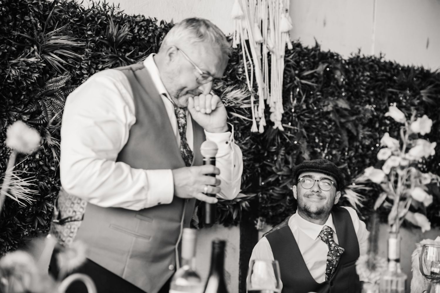 Father of the Groom cries at Dorset Festival barn wedding at Cerne Abbas Brewery. Candid photos from a relaxed Dorset wedding photographer