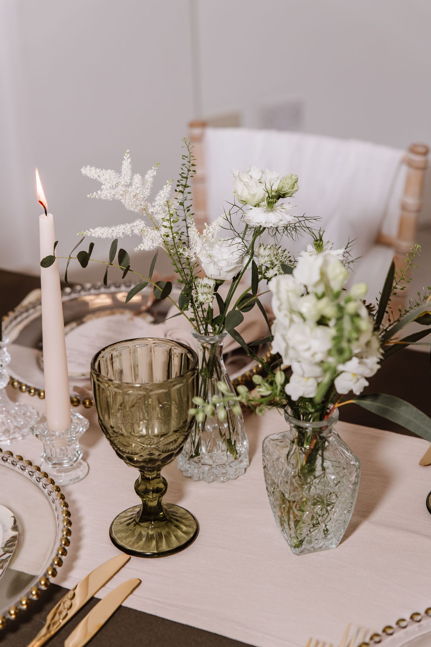 Green and ivory wedding table. Clear wedding plates. Italian Villa, Compton Acres Poole from a Dorset candid wedding photographer
