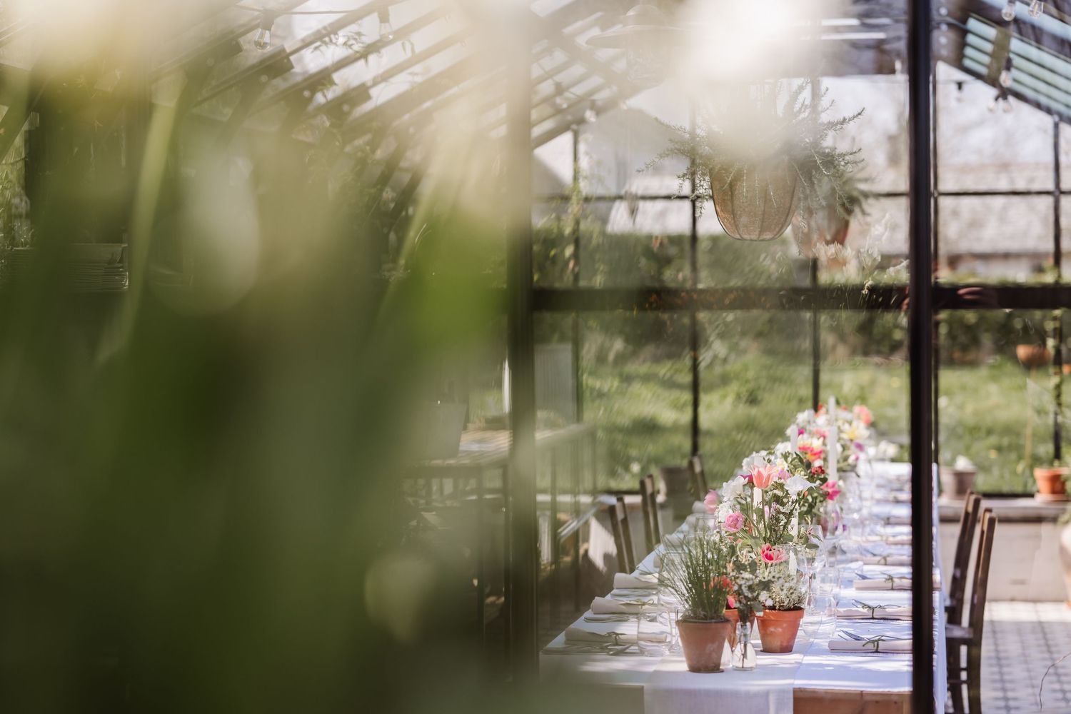 Floral-decorated reception table inside a sunlit glass greenhouse venue. The Cornish Place wedding venue. Unusual wedding venues, Cornwall
