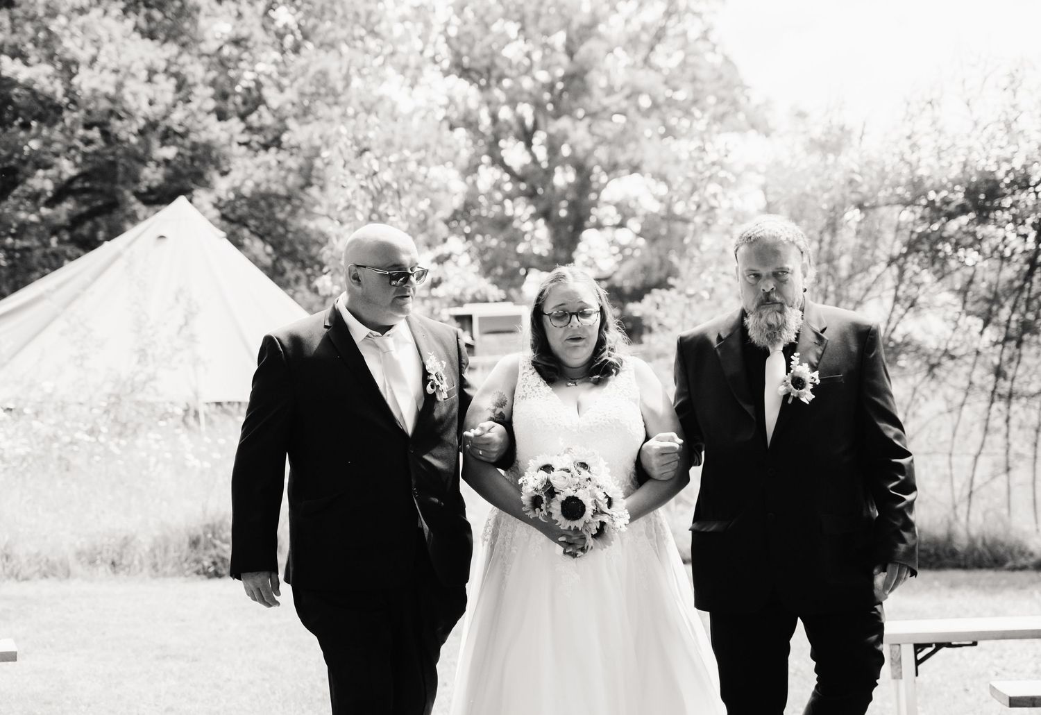 Bride cries at LGBTQ Celebrant led wedding at the Gaggle of Geese Buckland Newton, Dorchester TIPI wedding venue. Relaxed Dorset Wedding
