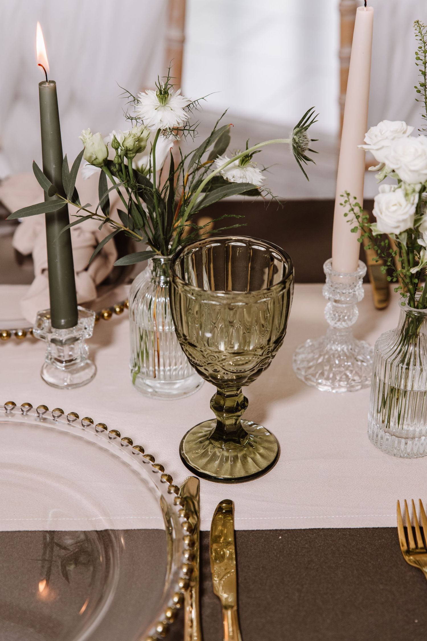 Green wedding goblets at the Italian Villa, Compton Acres Poole from a Dorset candid wedding photographer