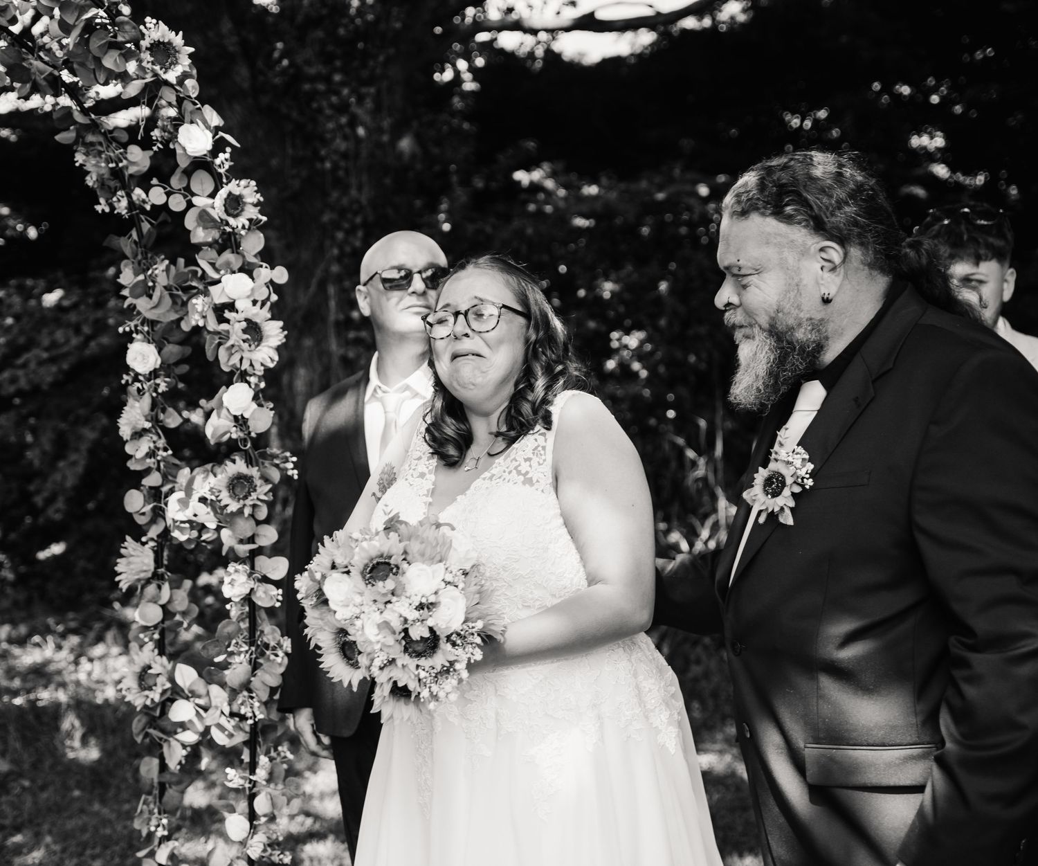 Bride cries at LGBTQ Celebrant led wedding at the Gaggle of Geese Buckland Newton, Dorchester TIPI wedding venue. Relaxed Dorset Wedding pho