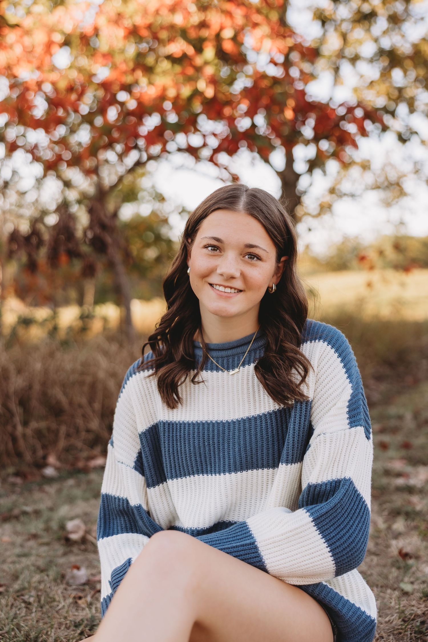 senior girl red fall tree white and green striped sweater brown hair