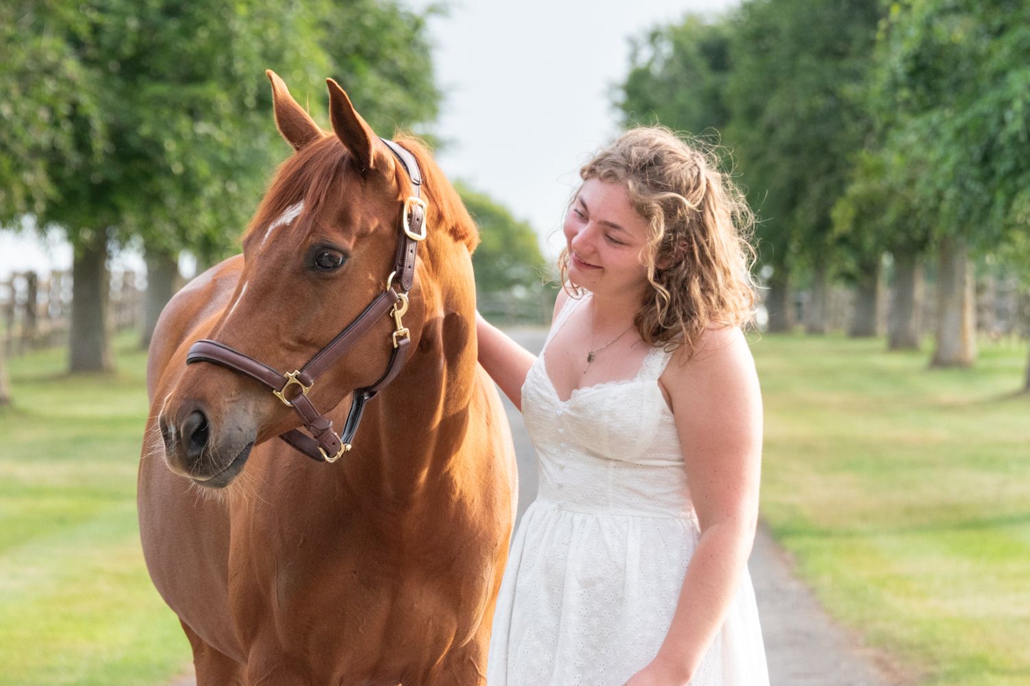 Bride in white wedding dress tenderly petting a chestnut horse on a tree-lined path.
