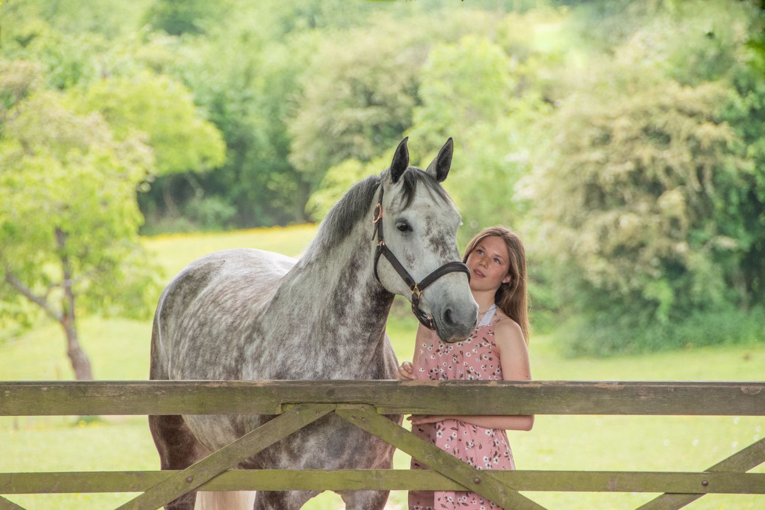 Young woman in pink dress standing beside dapple grey horse at fence.