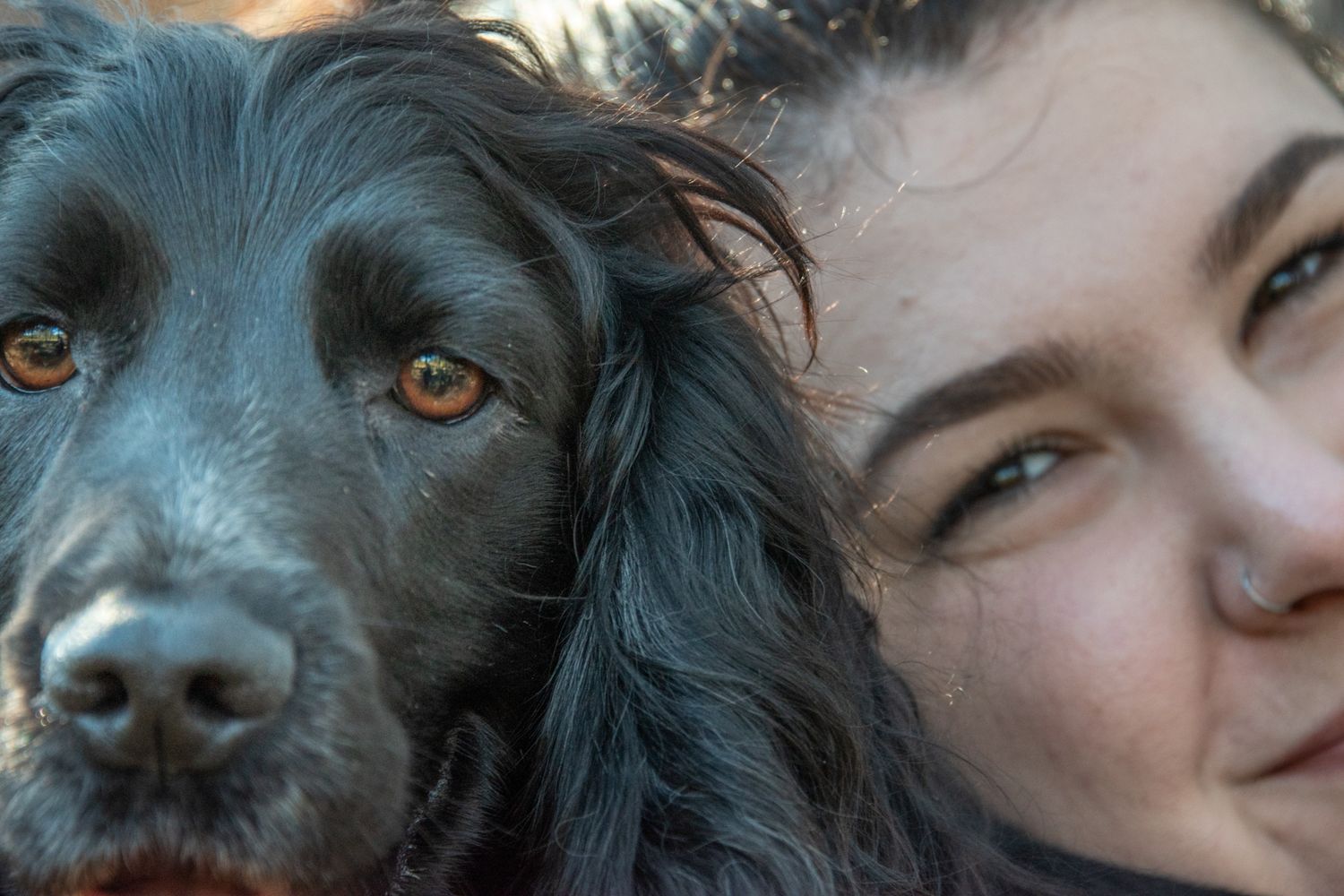 Close-up portrait of a dark-haired woman cheek-to-cheek with a black Cocker Spaniel dog with amber eyes.