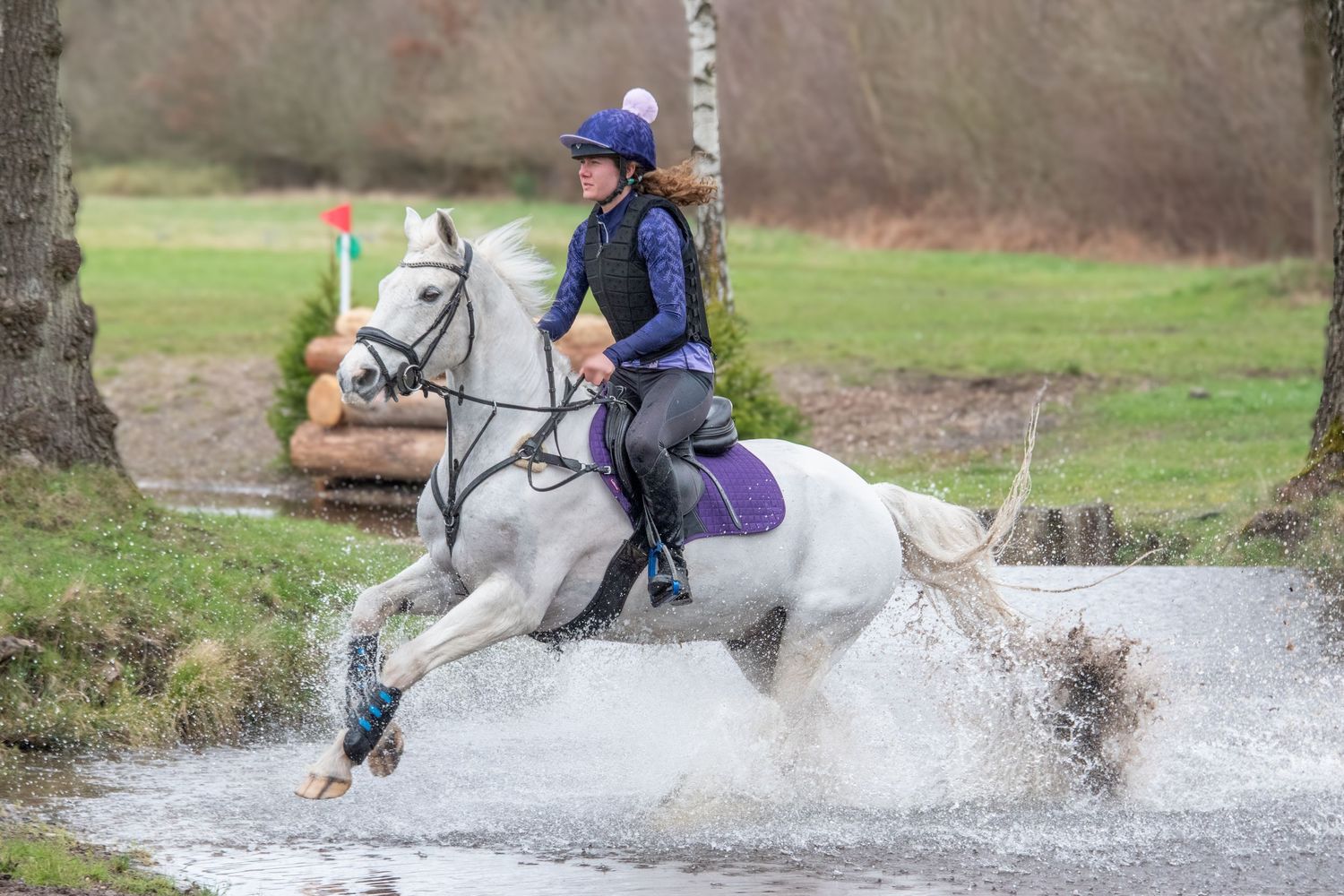 Equestrian rider in purple gear galloping white horse through water splash during cross-country event outdoors.
