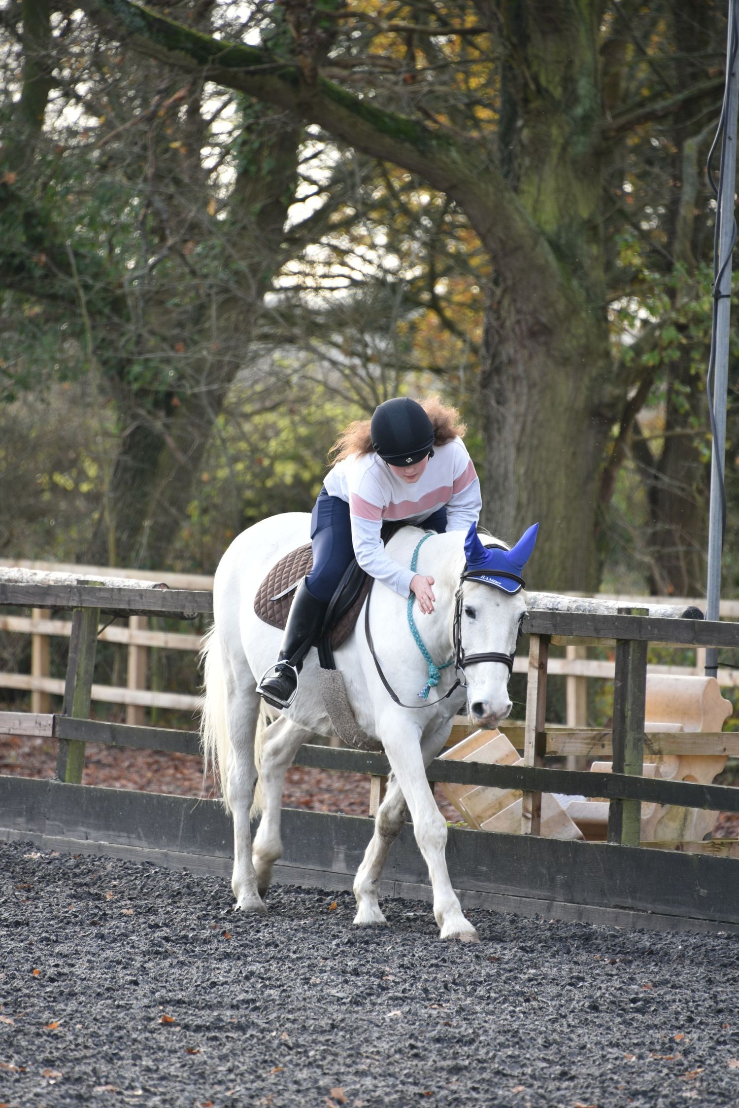 Young rider in pink top and helmet leaning forward on a white grey pony in an outdoor equestrian arena.