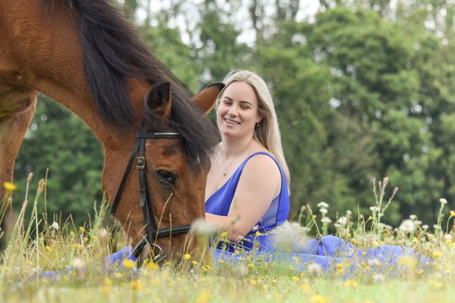 Blonde woman in blue dress sits in a wildflower meadow beside a grazing brown horse on a sunny day.