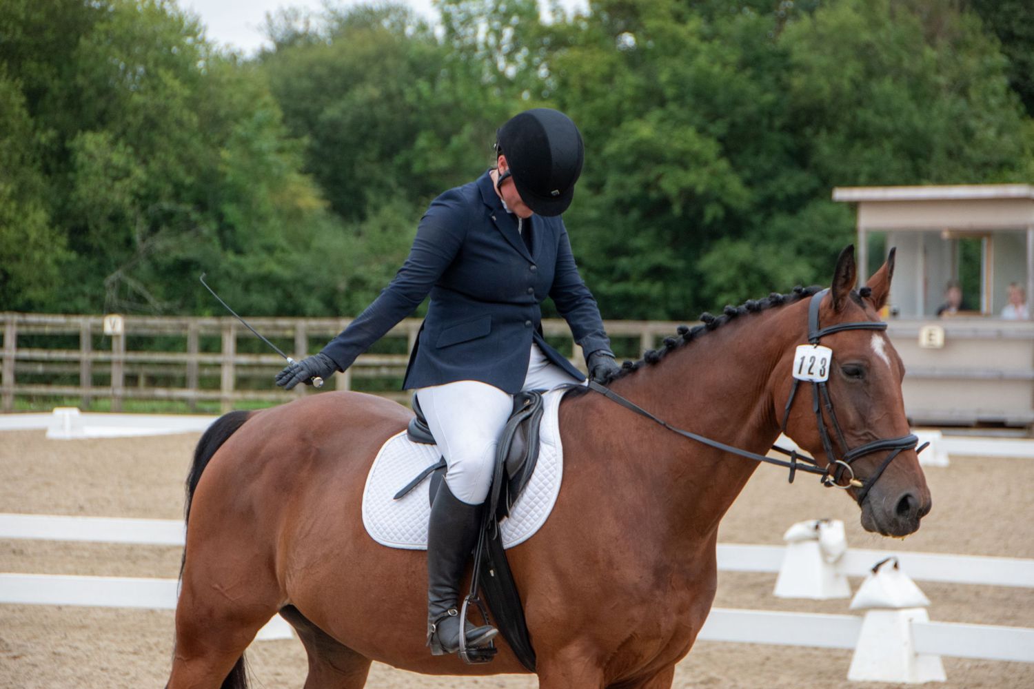 A rider in formal dressage attire performs on a chestnut horse in an outdoor arena.