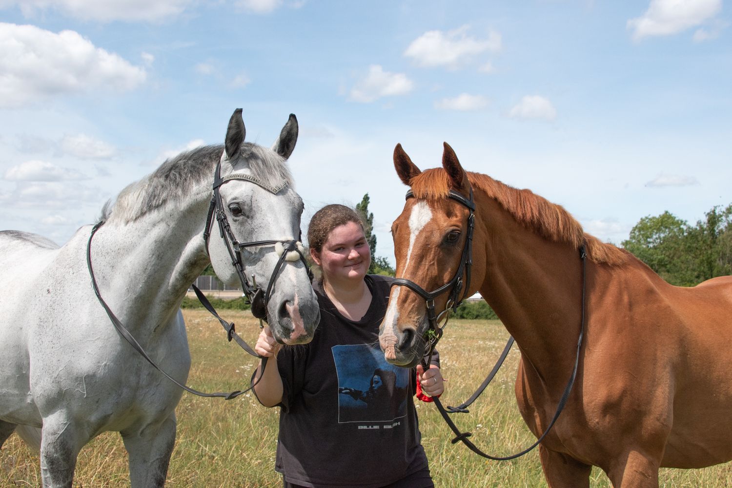 Young woman standing between a grey and chestnut horse in a sunny green field holding both horses by their bridles.