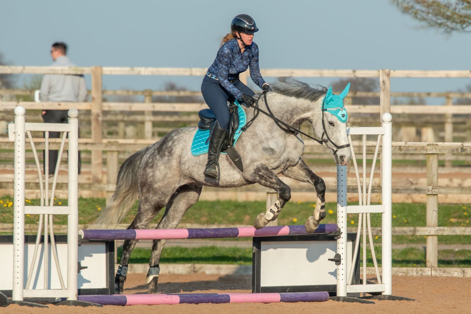 Equestrian rider on a grey horse jumping a colorful show jump.