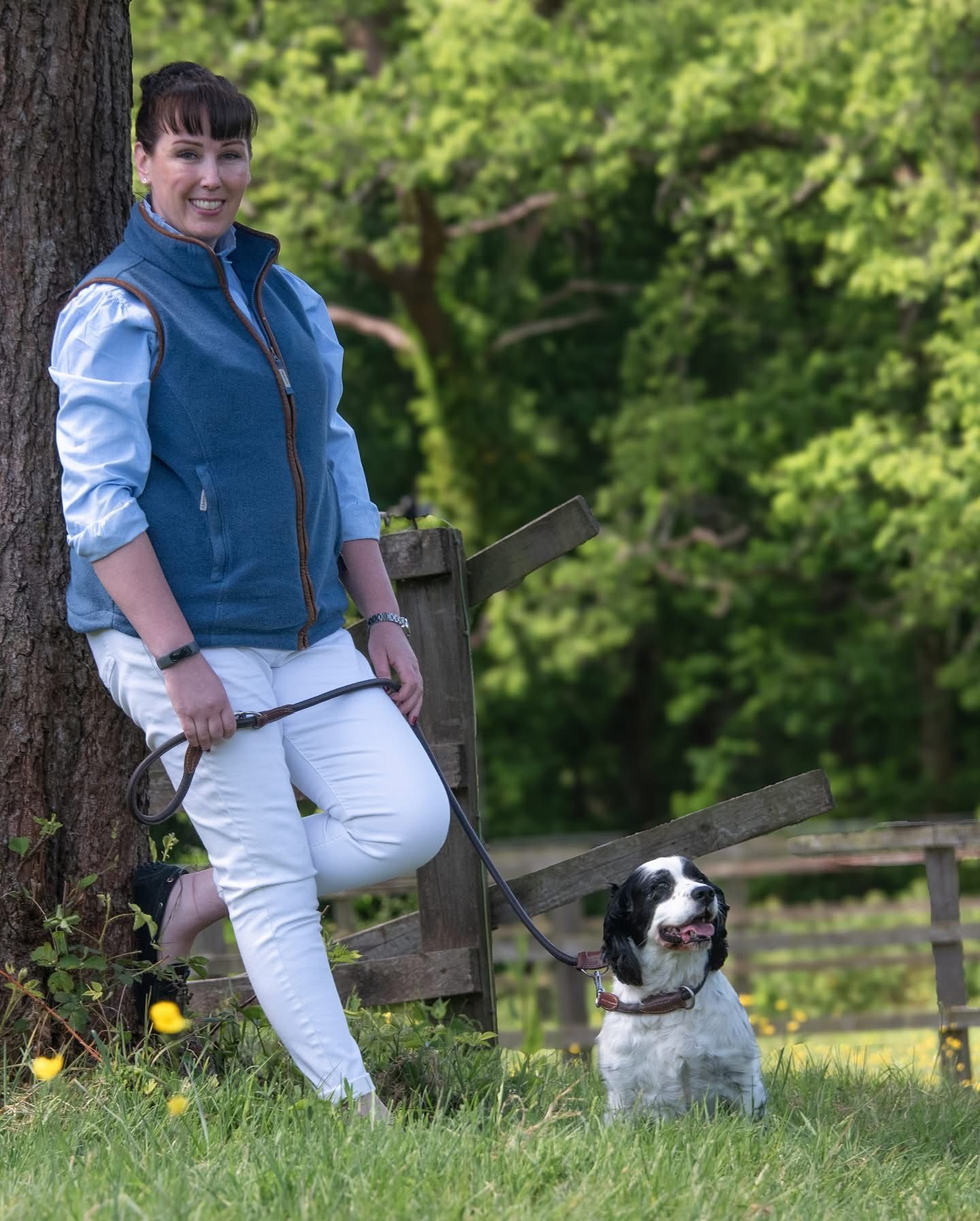 A woman in white trousers and blue vest poses with her black and white Spaniel by a fence.
