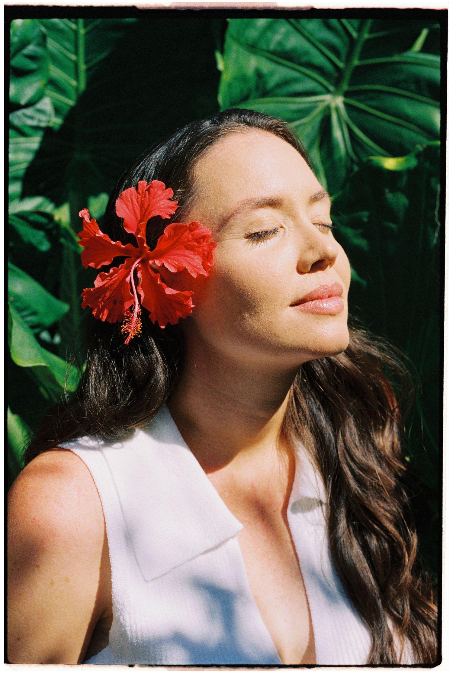 Serene portrait with a vibrant red hibiscus flower against lush tropical greenery.