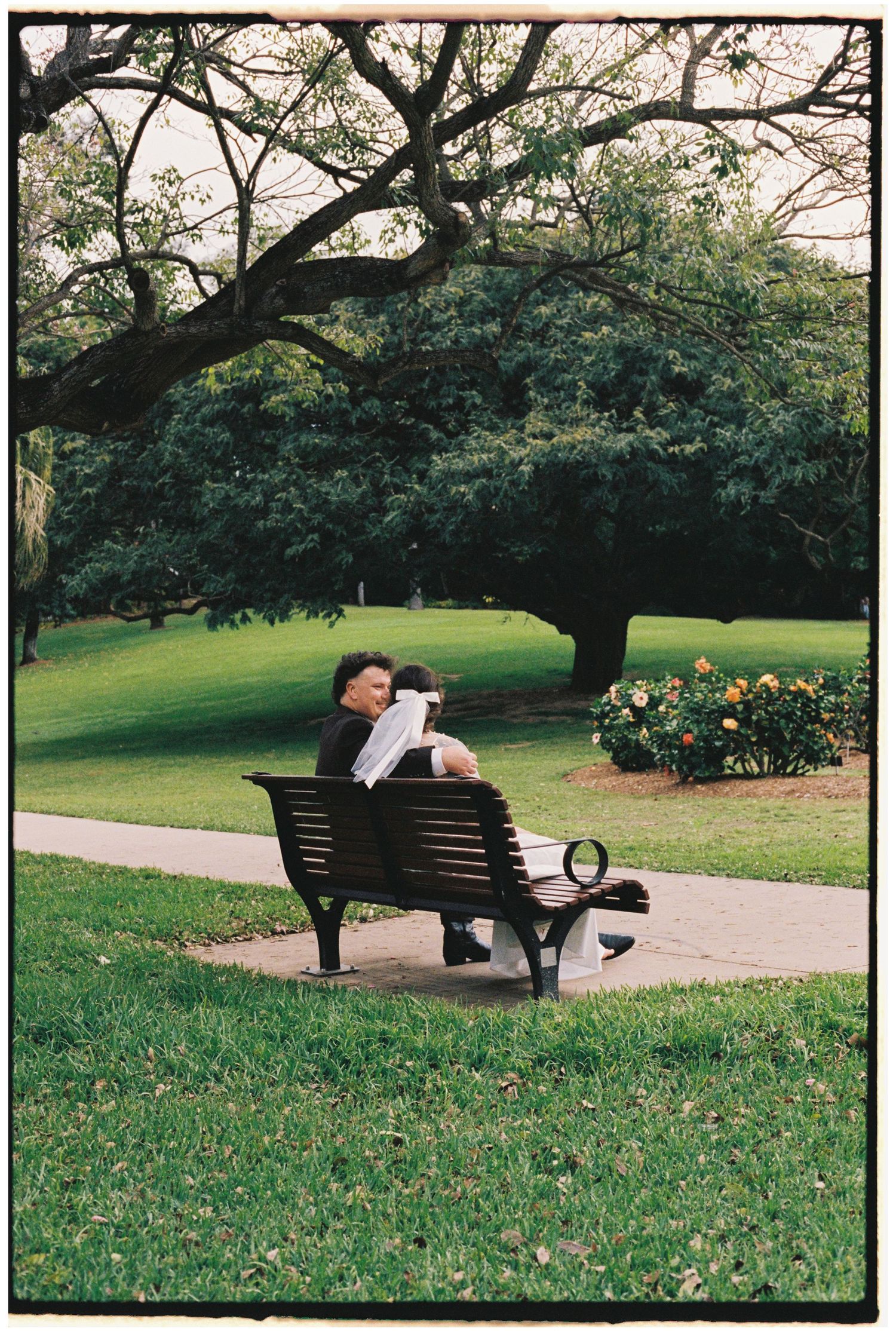 Person reading newspaper on wooden park bench surrounded by lush green trees and flowering shrubs.