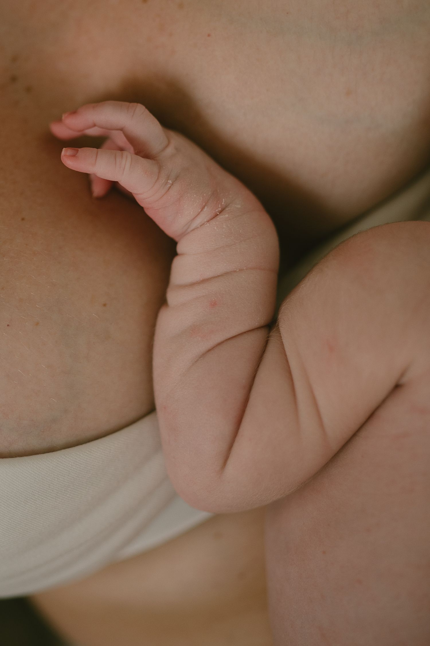Close-up of a newborn baby's tiny hand and chubby arm resting against a mother's body during breastfeeding.