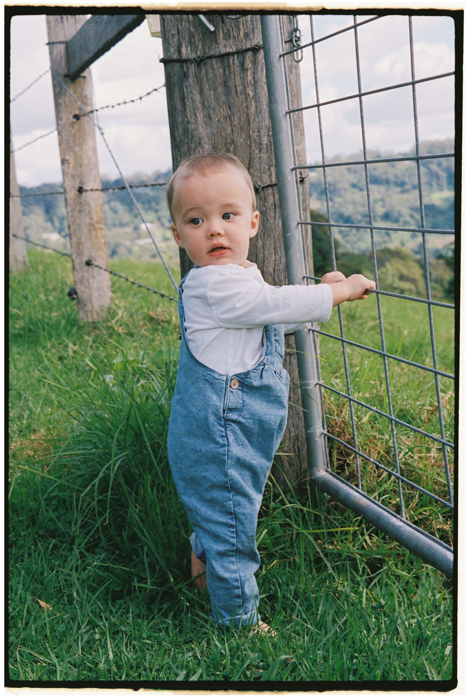 Baby in denim overalls exploring a metal fence outdoors.