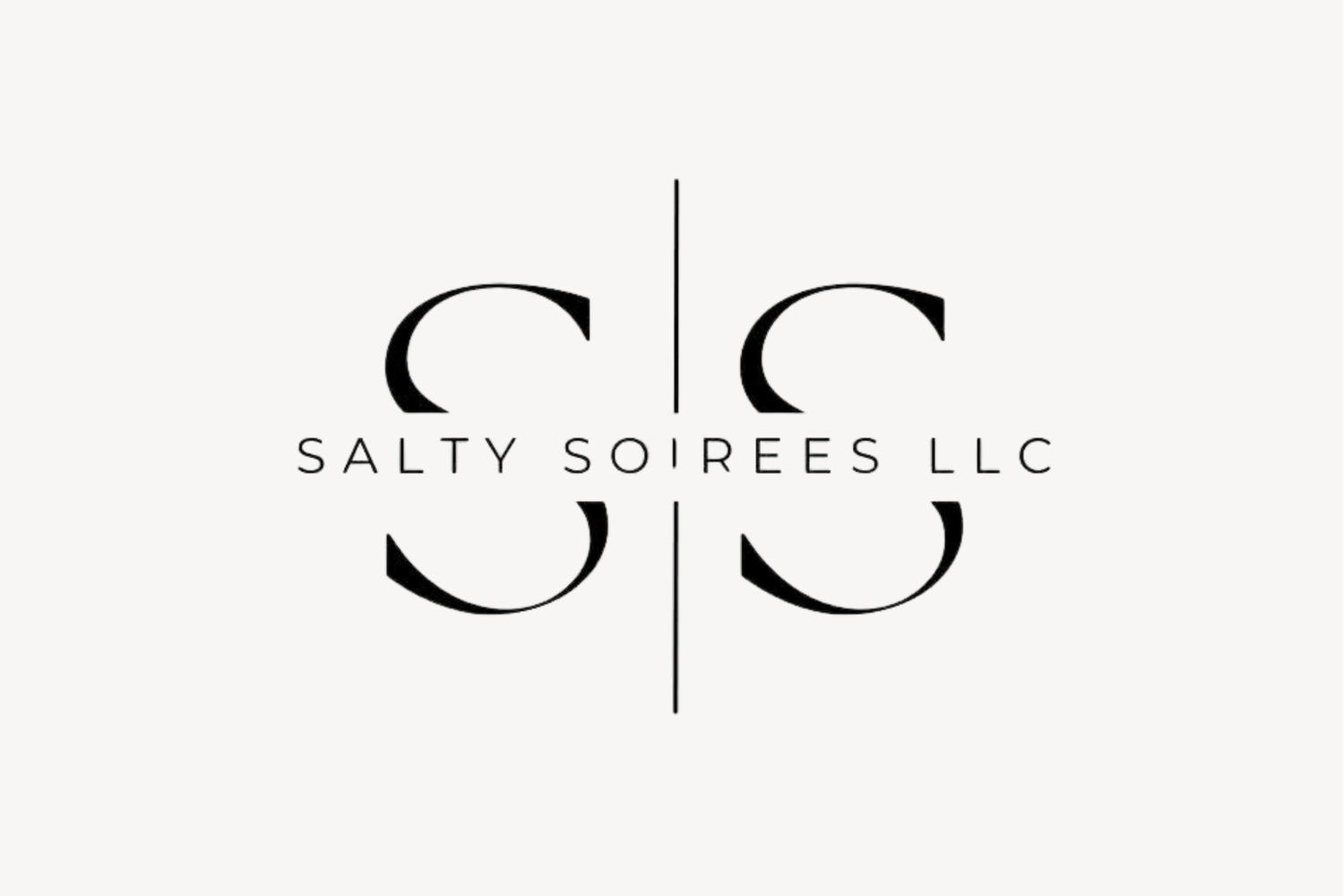 A minimalist black and white logo design showing S|S lettering with 'SALTY SOIREES LLC' text underneath.