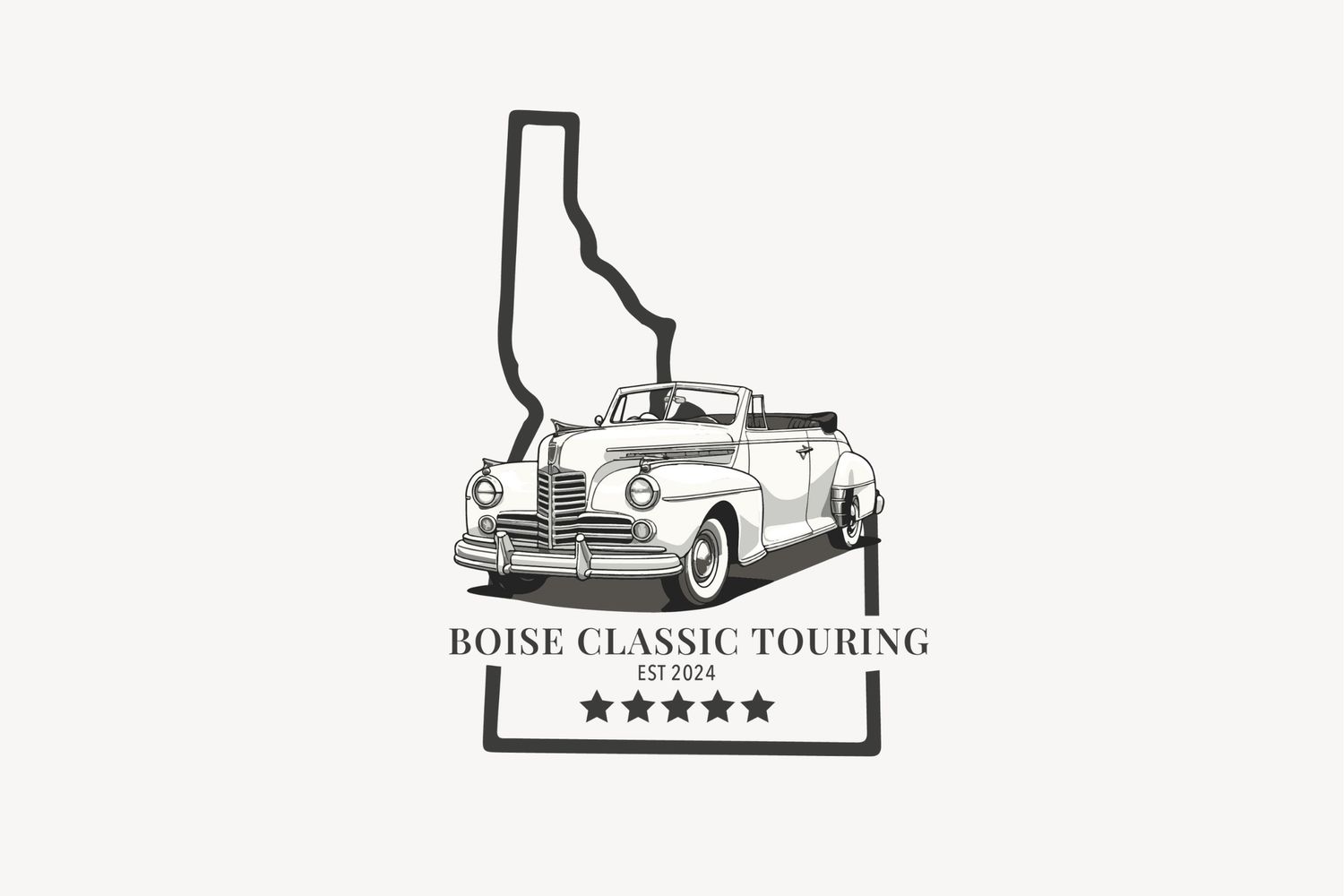 A black and white logo design featuring a vintage convertible car with the state of Idaho silhouette and text reading Boise Classic Touring.