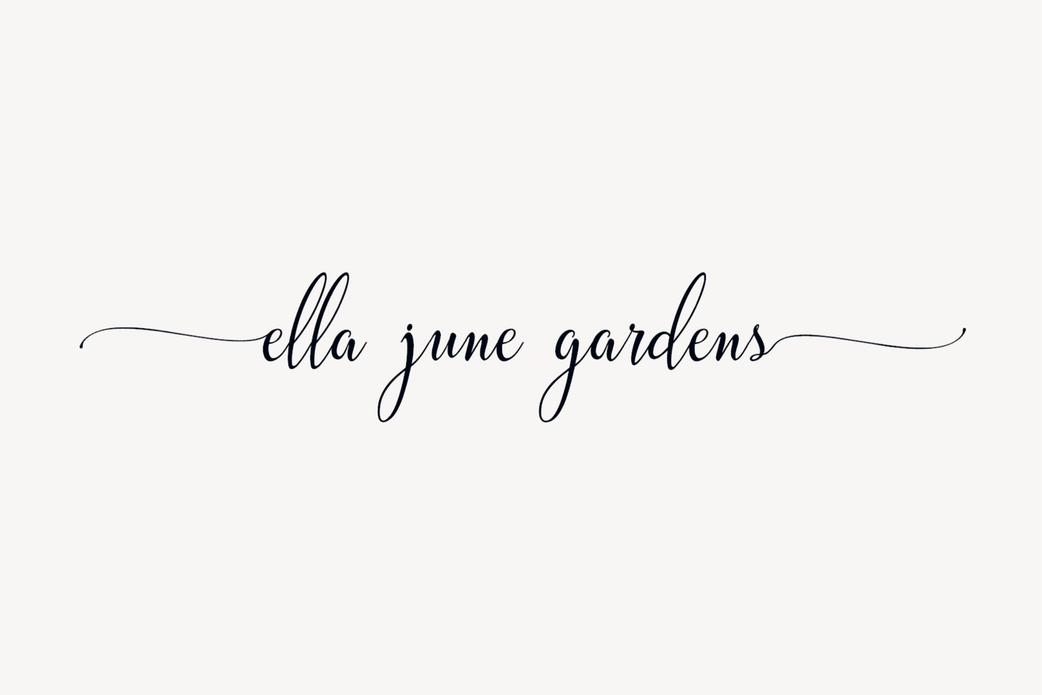 Elegant black calligraphy text reading 'ella june gardens' in a flowing script style against a white background.