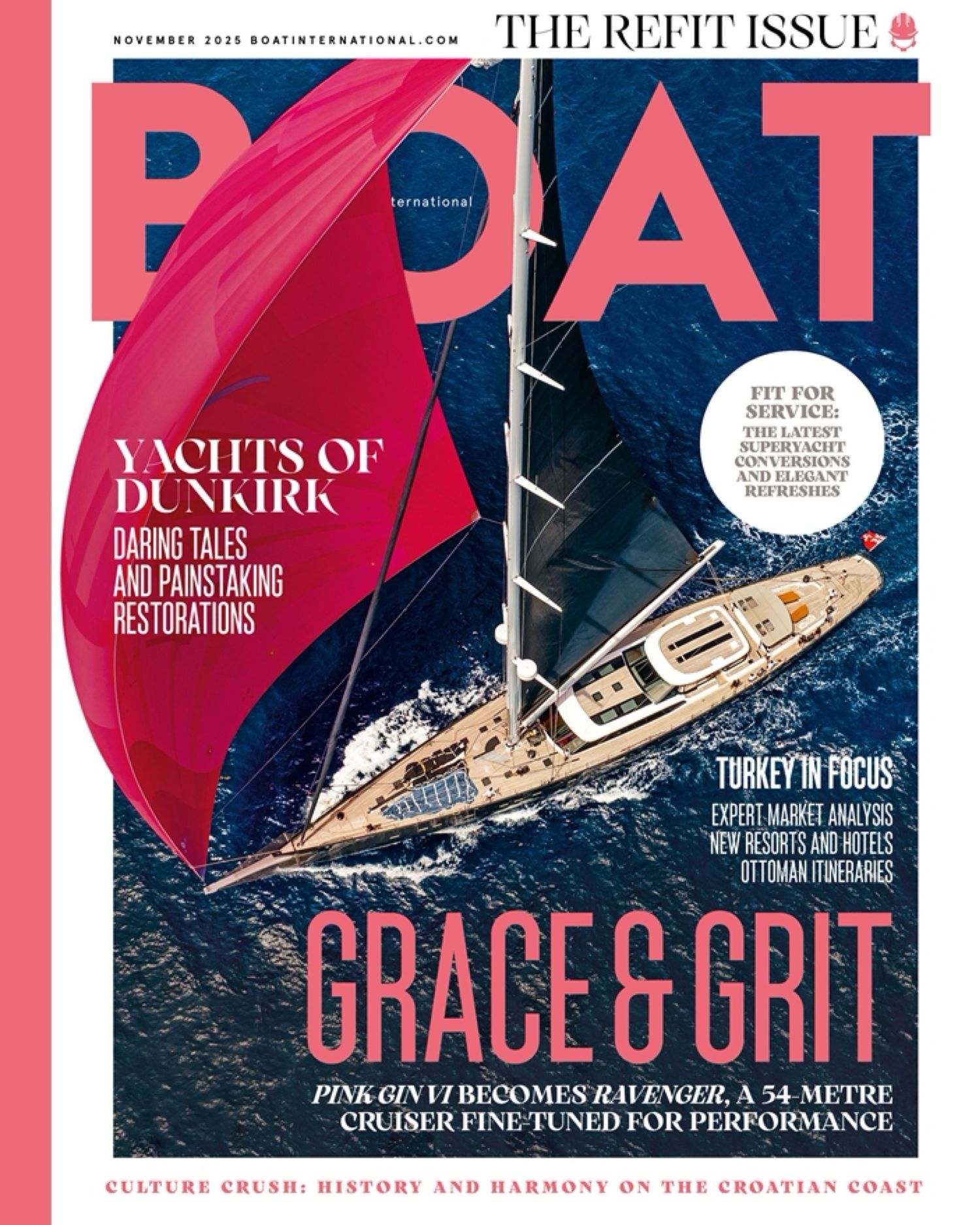 Boat magazine covers featuring luxury yachts and sailing vessels against blue and red backgrounds.