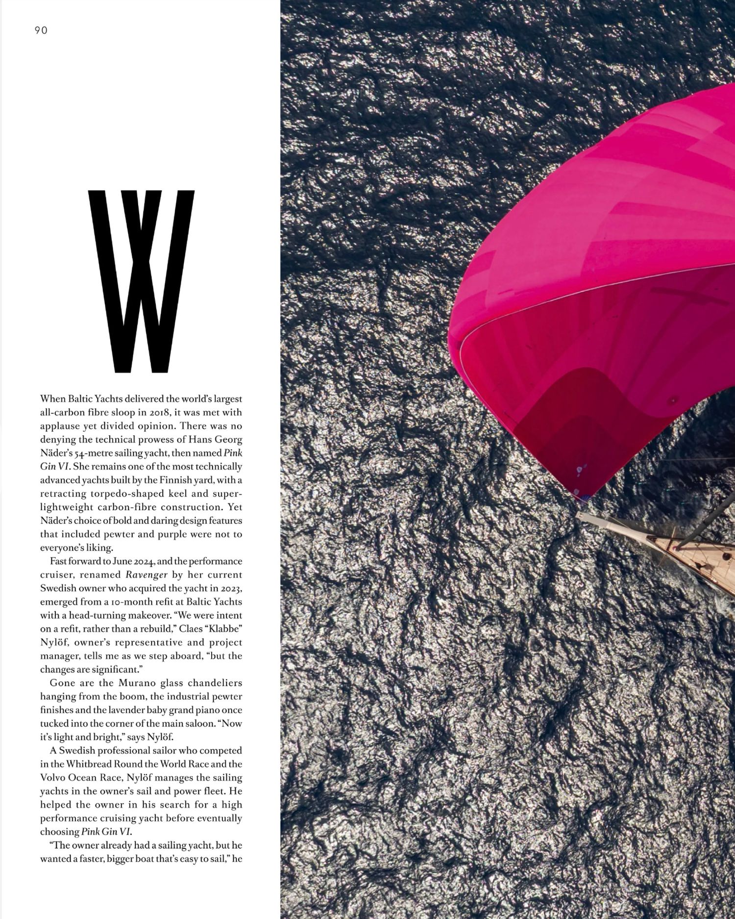 A bright pink umbrella stands out against a rocky mountain cliff face in a magazine layout design.