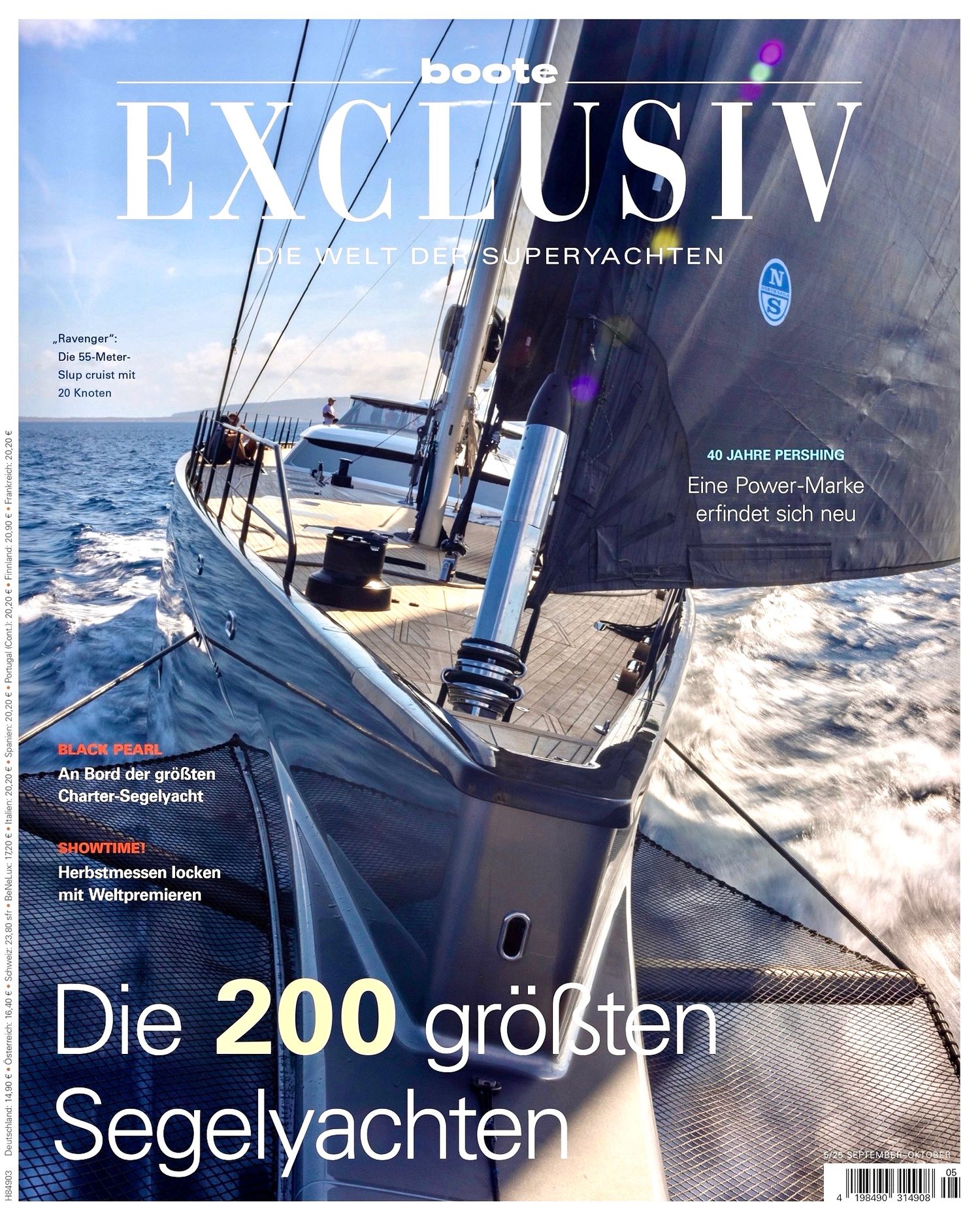 Magazine cover of EXCLUSIV featuring a luxury sailing yacht on blue ocean waters.