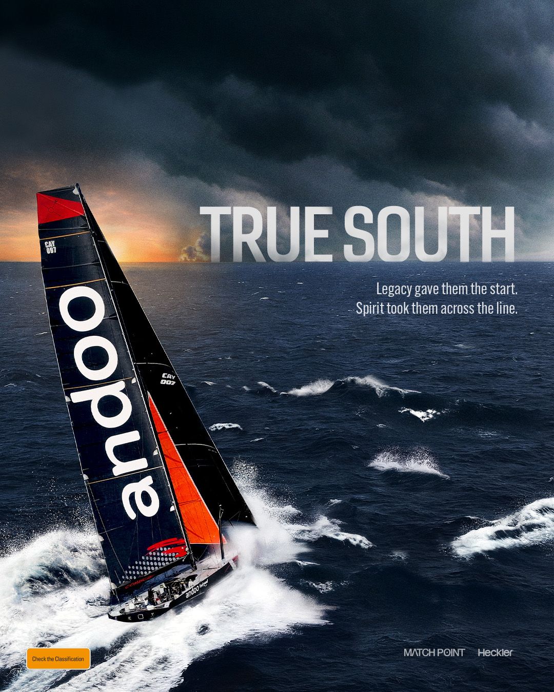 Dramatic sailing yacht racing through stormy seas with dark clouds and orange sunset in a True South advertising campaign.