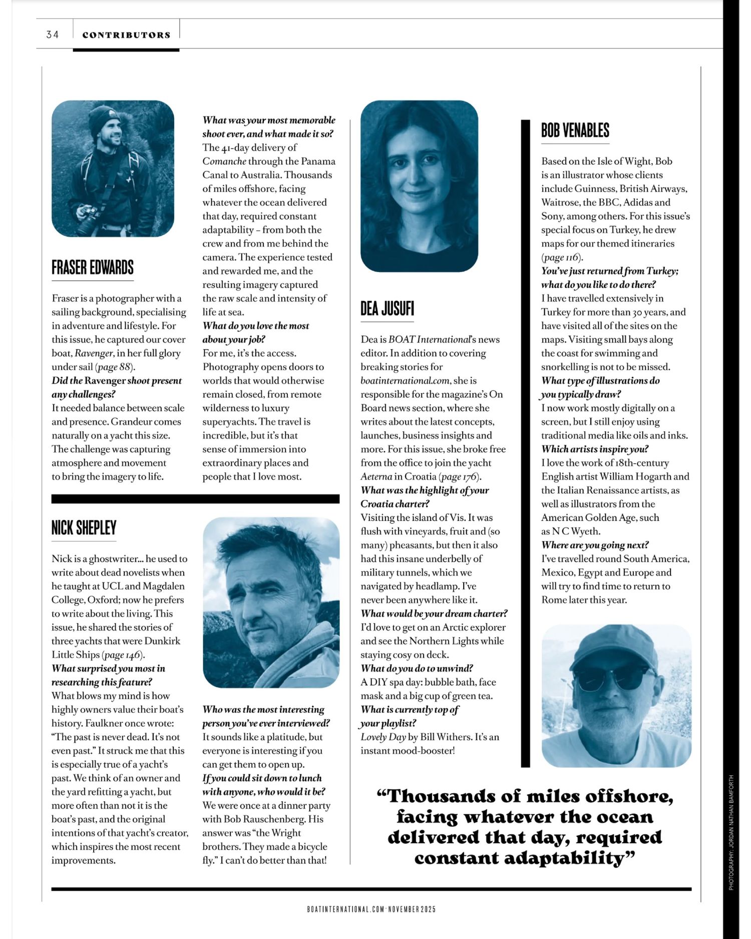 A black and white editorial magazine layout showing text columns and stylized portrait photographs.