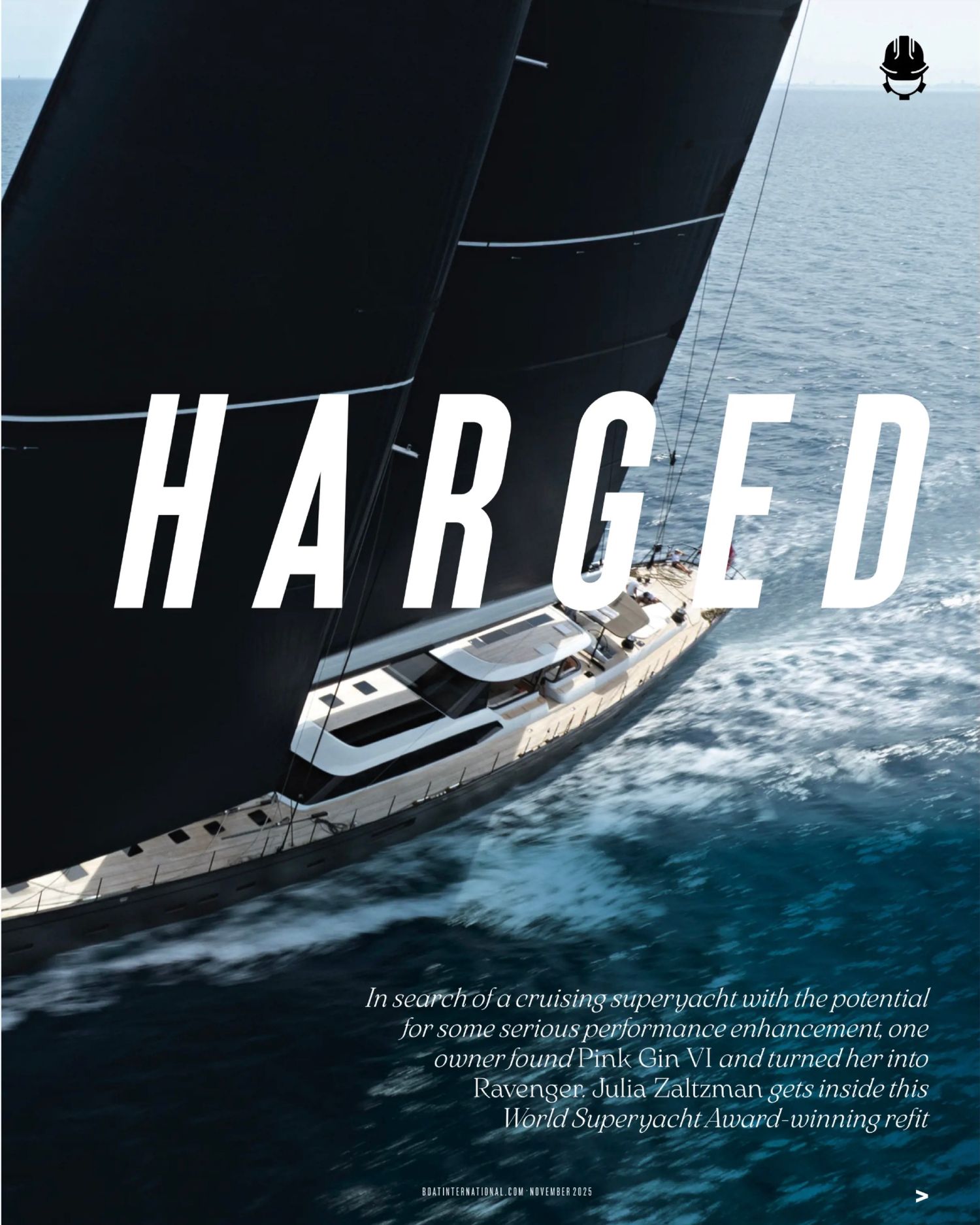 Sleek black sailboat hull cutting through dark ocean waters with white foam spray against a minimalist nautical design.