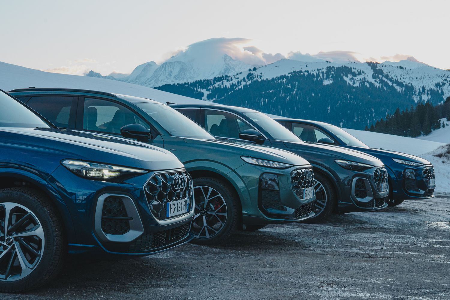 Modern luxury cars parked in a row with snow-capped mountains in the background during sunset.