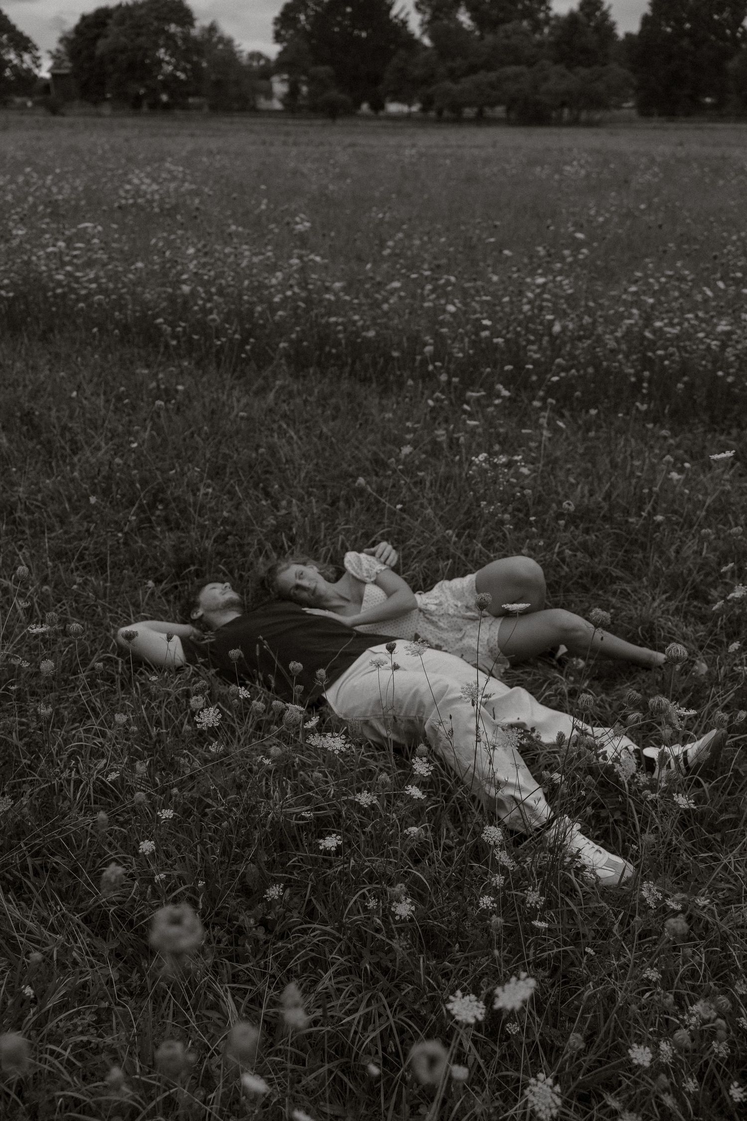 A black and white photograph of people lying in a wildflower meadow on a summer day.