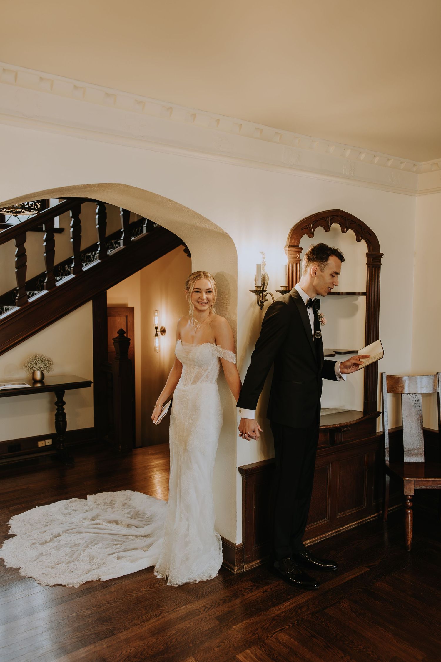 A wedding first look moment captured in a series of photos showing the couple's emotional reaction in a classic venue.