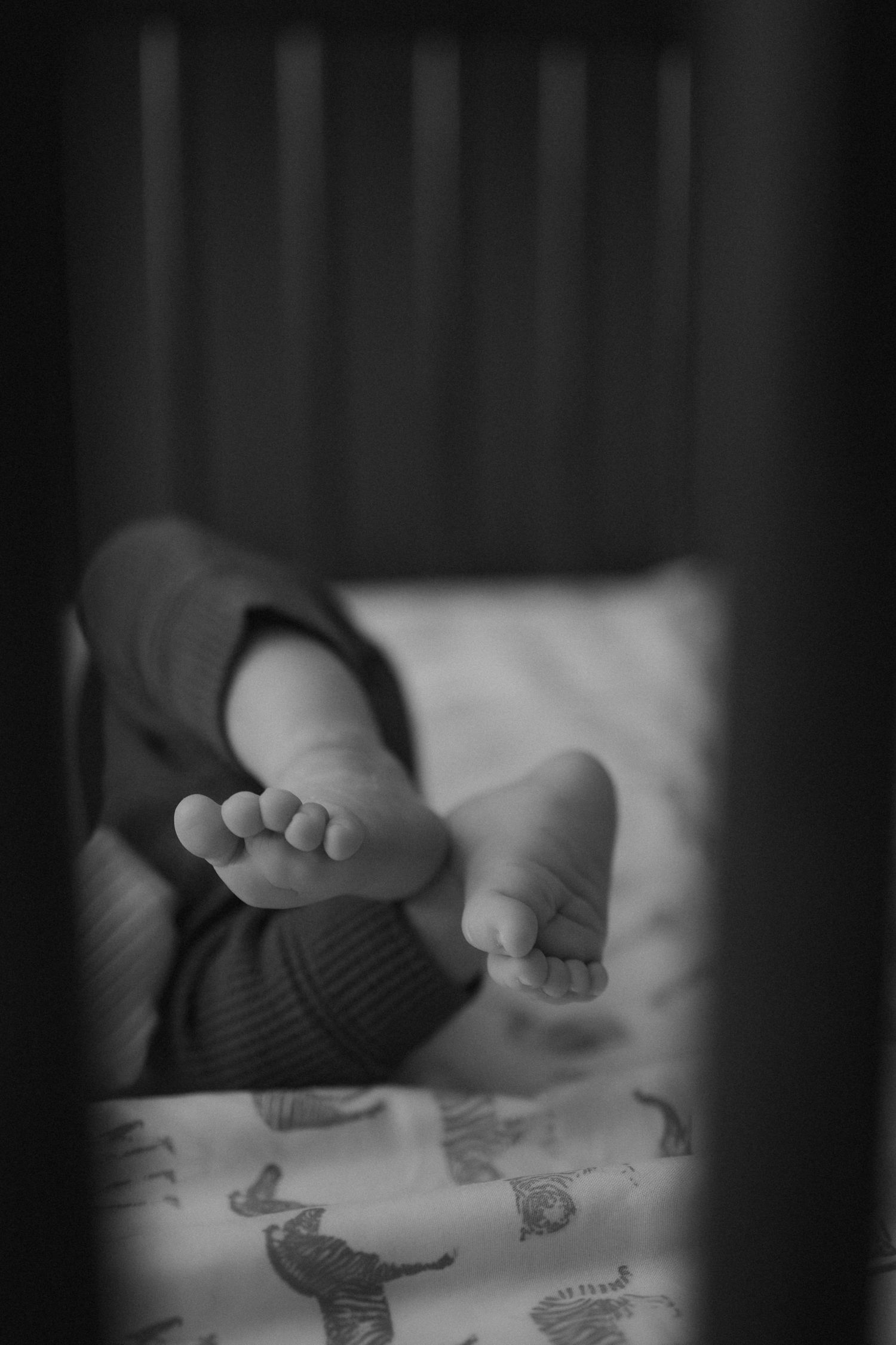 Close-up black and white photo of tiny baby feet resting on patterned bedding.