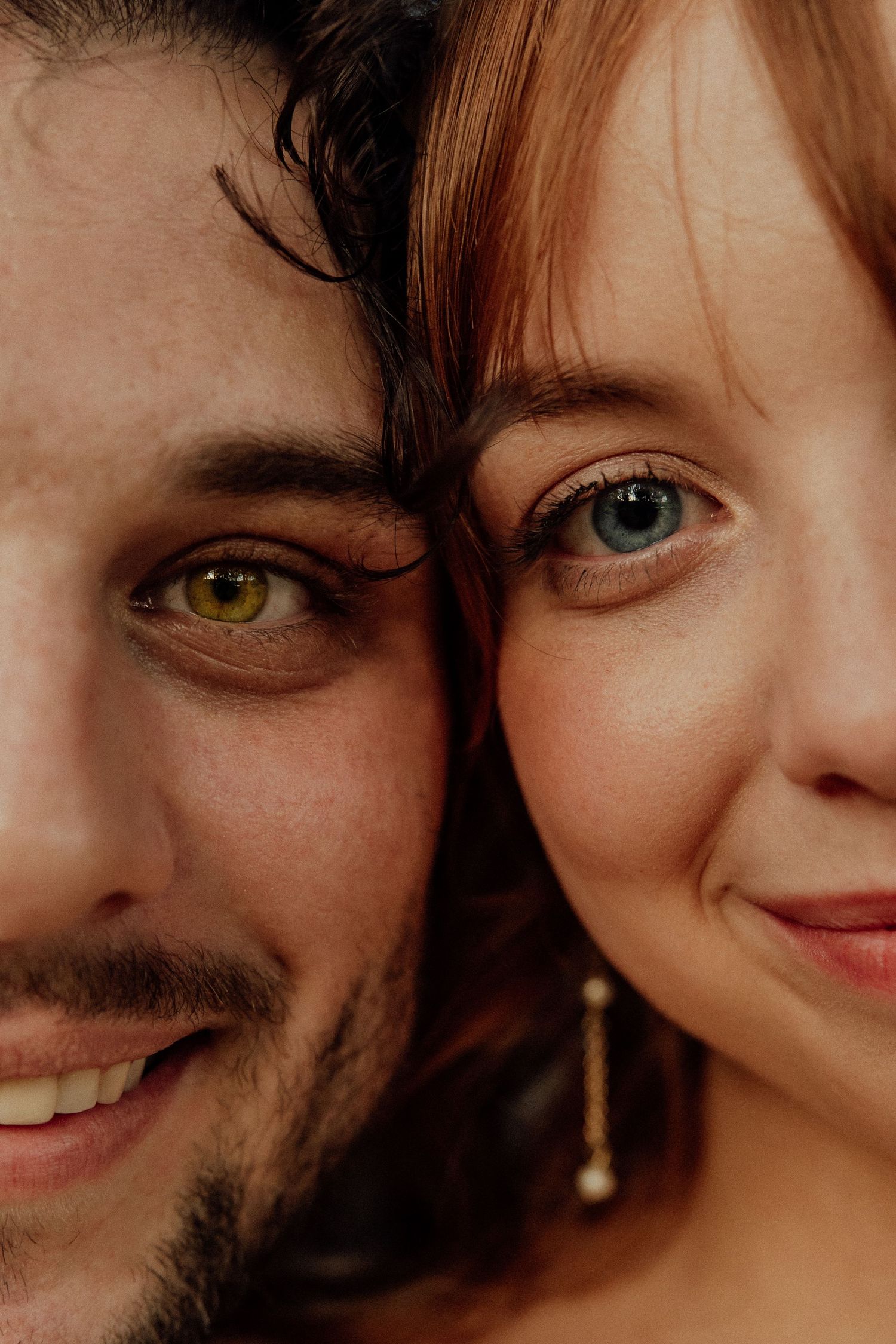 A series of close-up facial features showing eyes and partial smiles in a horizontal collage.