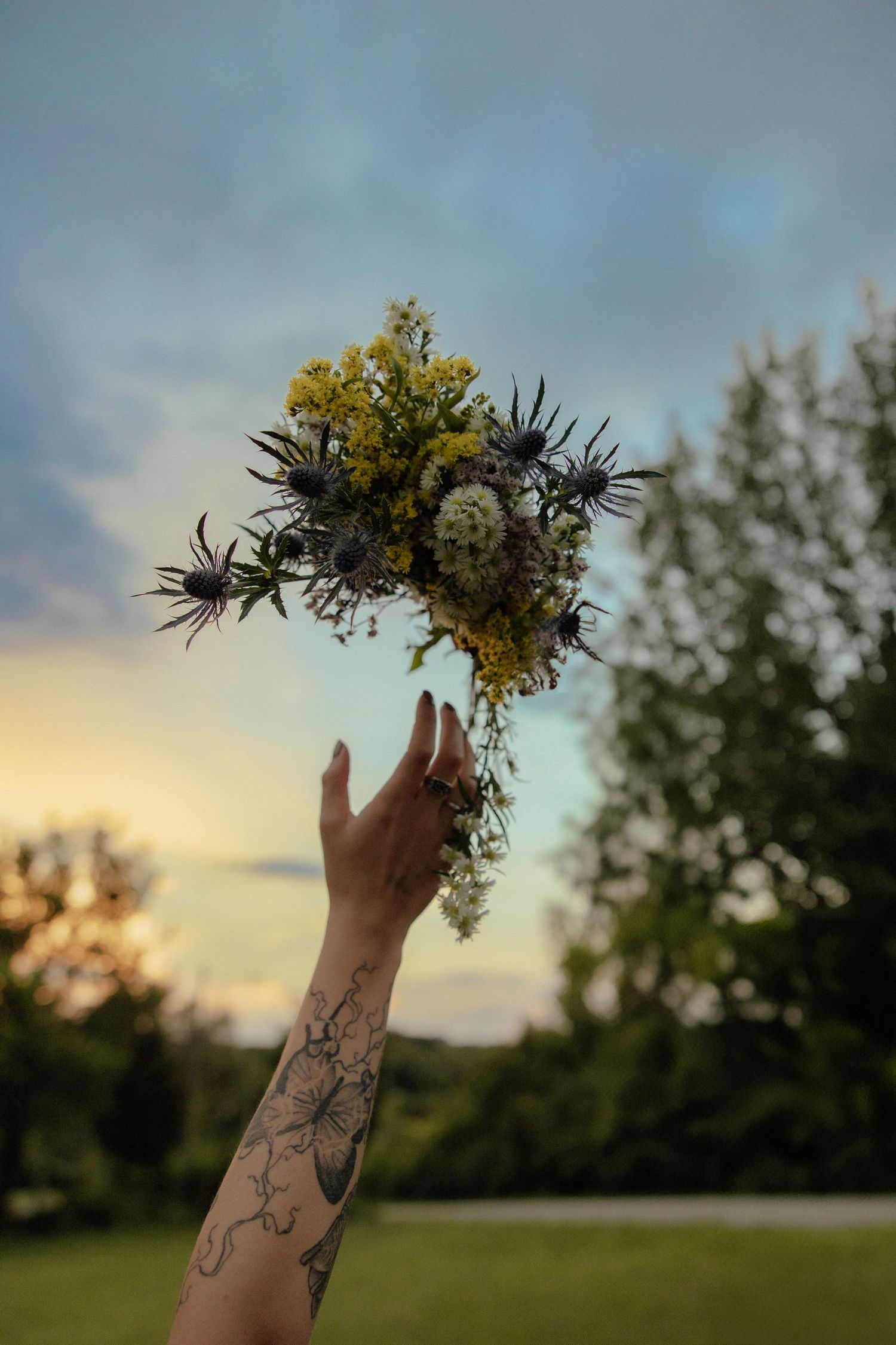 A tattooed arm holds up yellow wildflowers against a sunset sky in a series of similar photos.