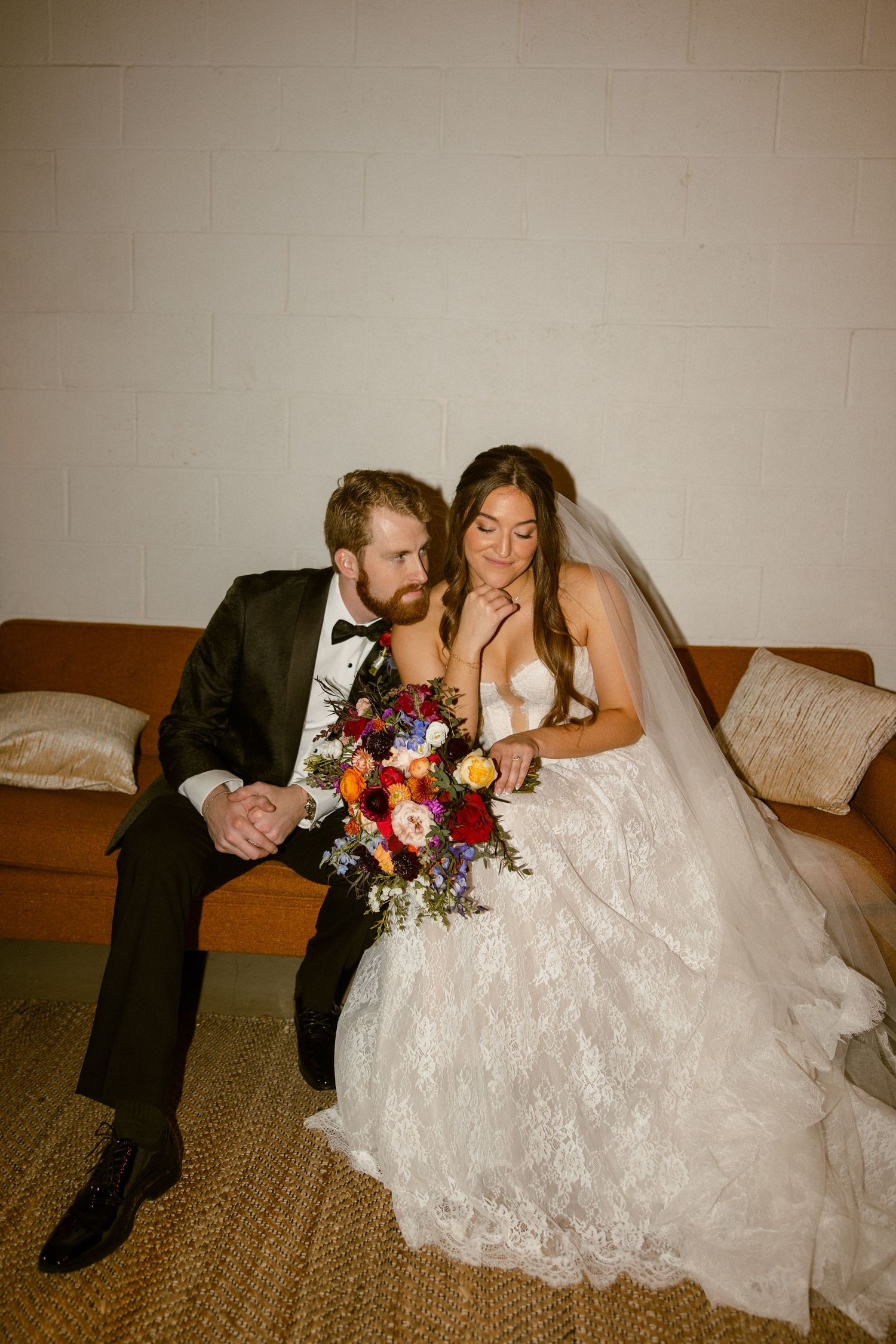 A romantic wedding photo sequence showing a couple lounging together with a vibrant floral bouquet.