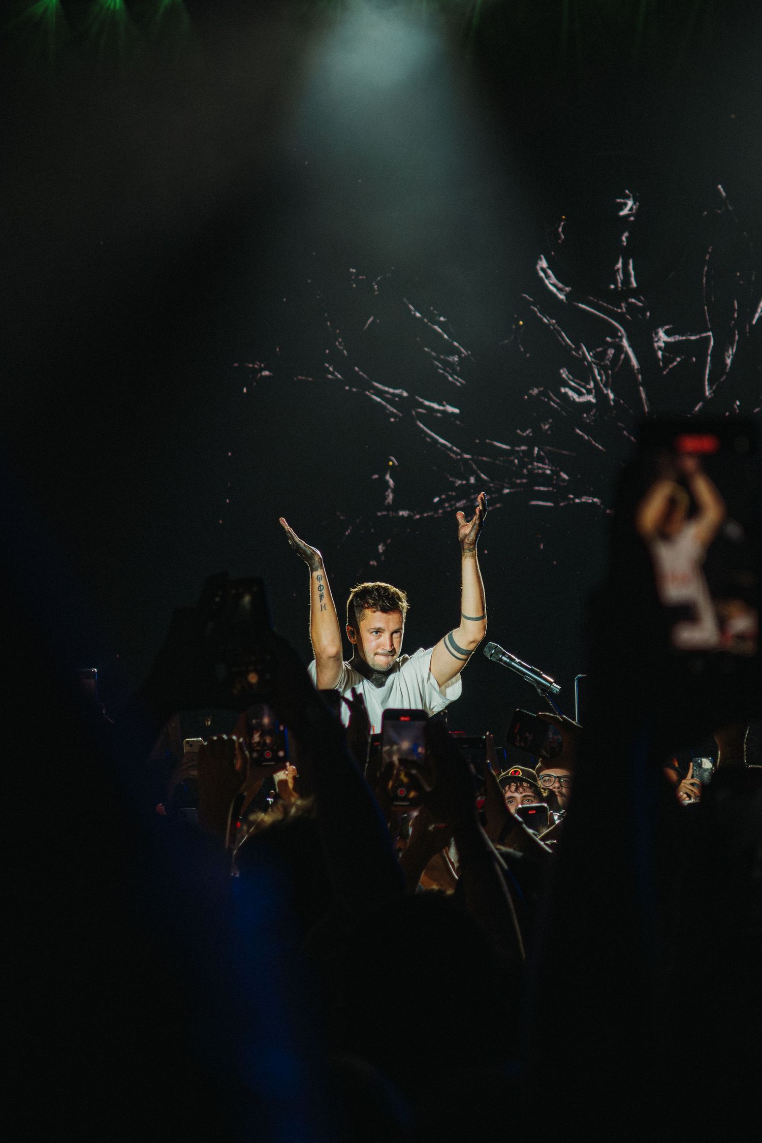 Stage performer with arms raised under dramatic spotlight during live concert.