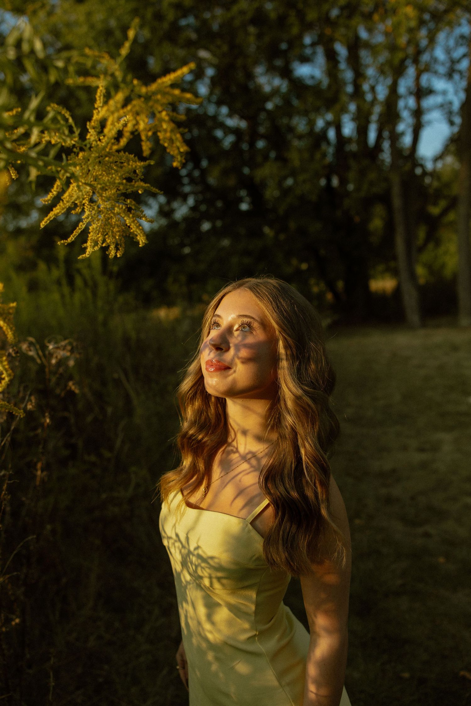 A person in a yellow dress stands in golden sunlight beneath flowering branches at sunset in a garden setting.