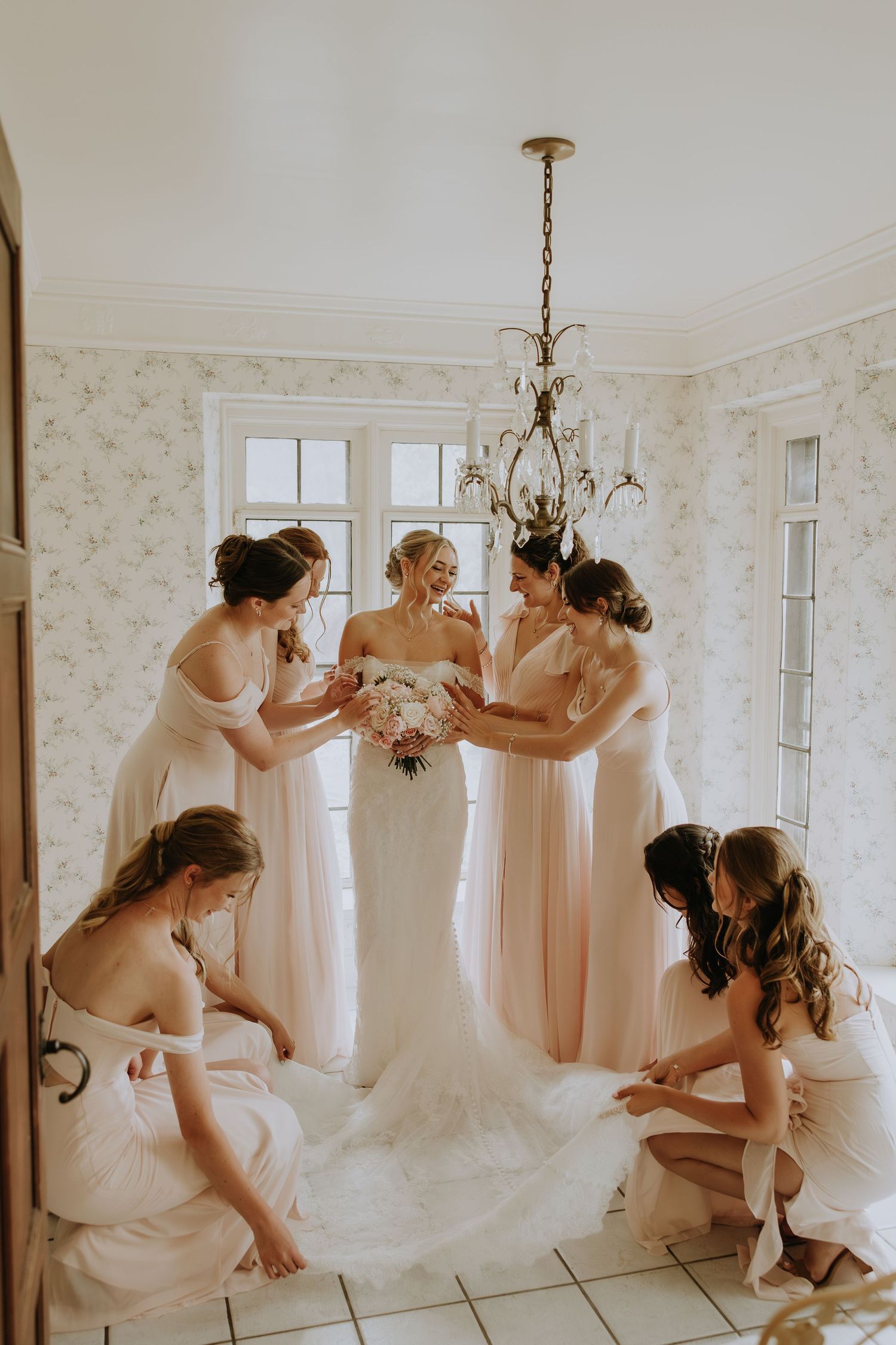 A sequence of candid getting ready moments showing bridesmaids helping with a wedding dress in a light-filled room.