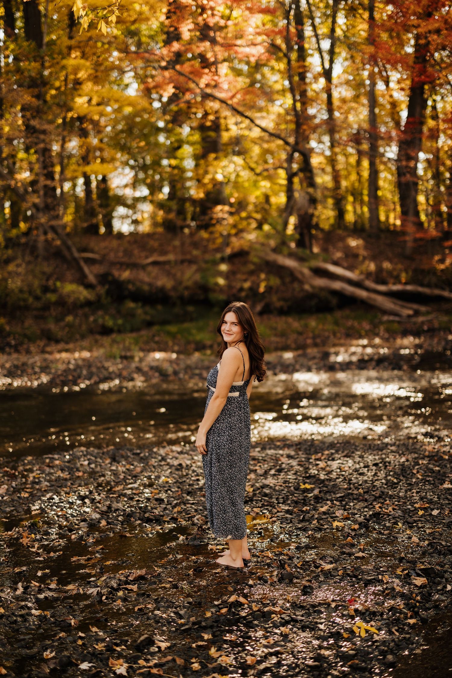 Lifestyle portrait in a stunning fall forest setting with a flowing creek and vibrant autumn colors.