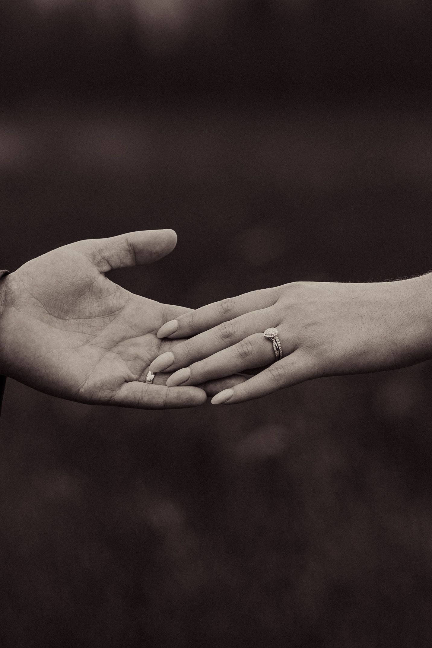 Close-up black and white photo of wedding rings as hands touch tenderly.
