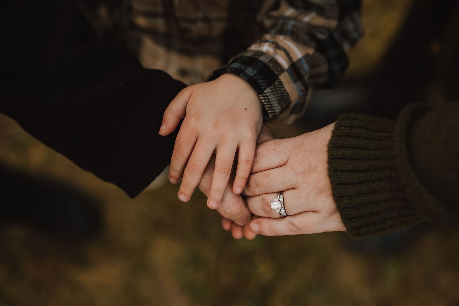 Close-up of two hands touching tenderly against an autumn backdrop.
