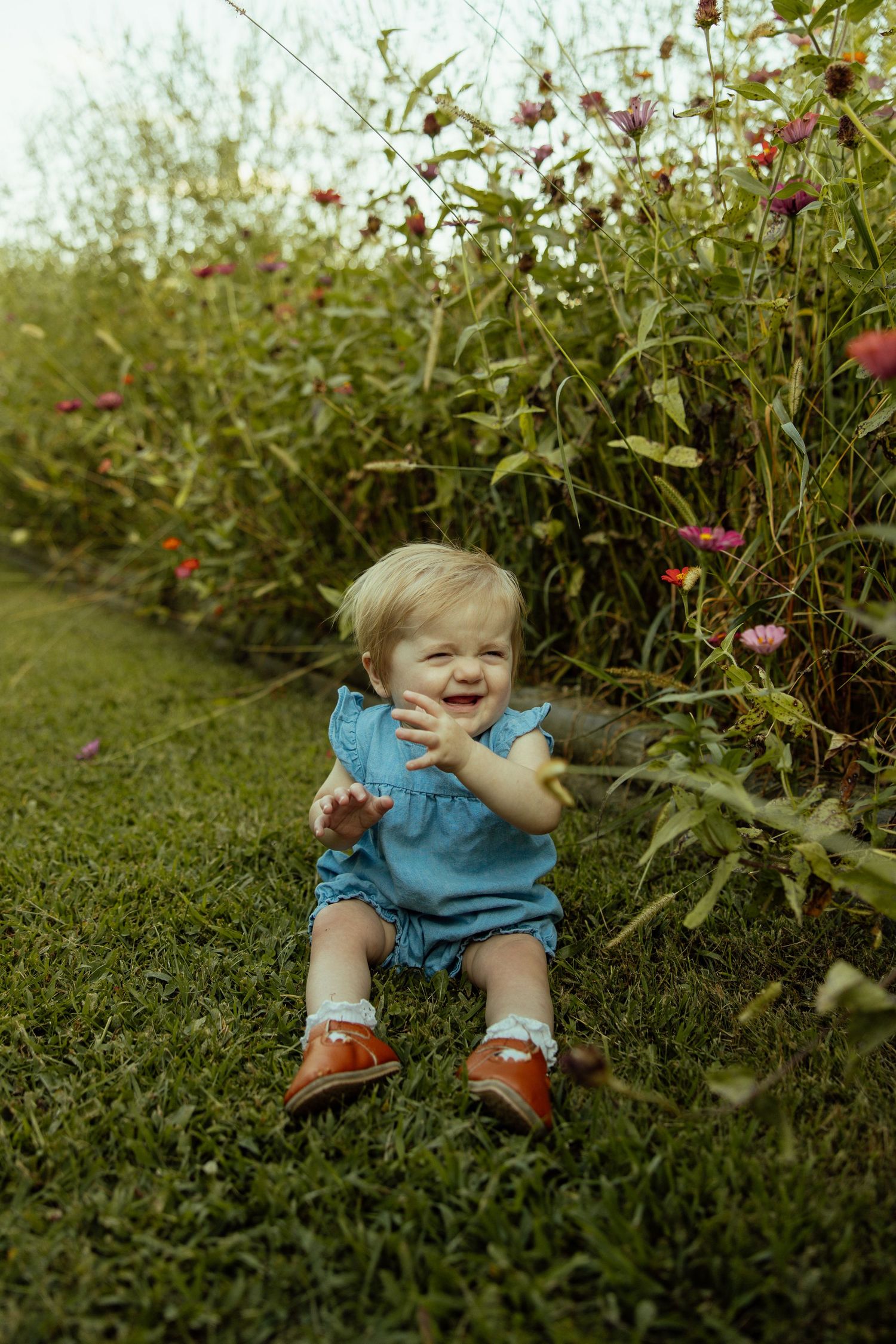 A small child in blue clothing sits and plays joyfully among wildflowers and greenery in a garden setting.