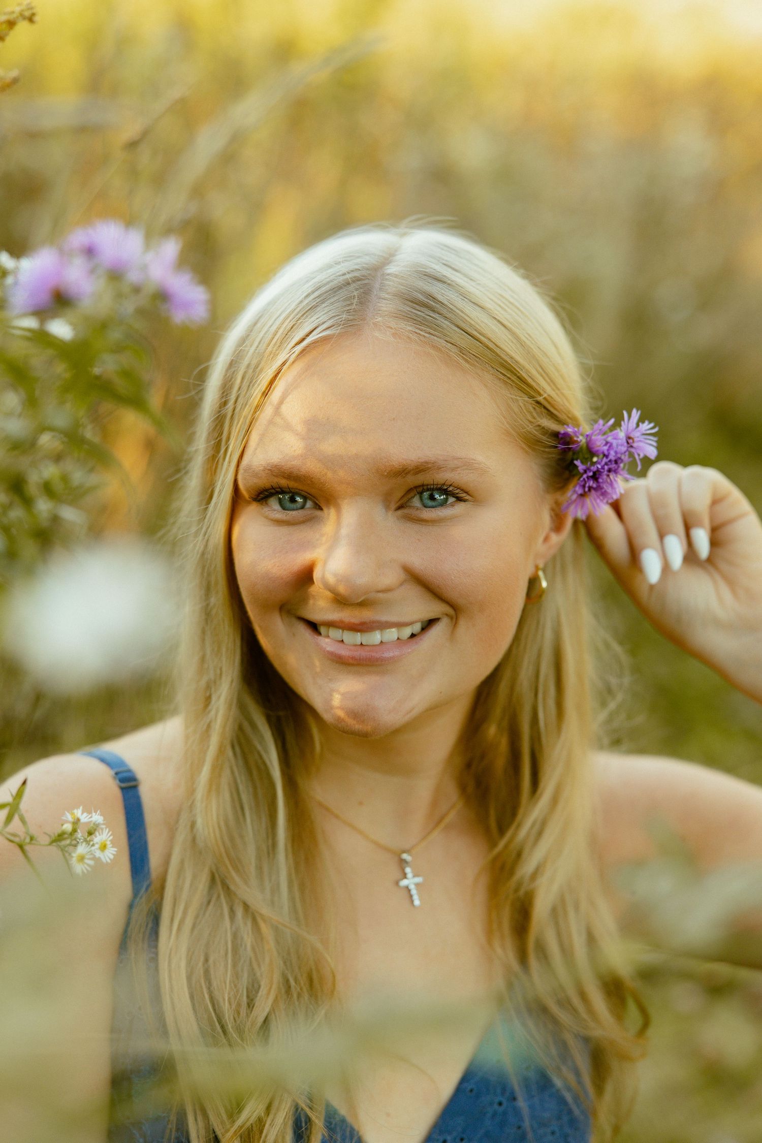 A series of outdoor portraits showing someone with blonde hair and purple flowers against a warm golden background.