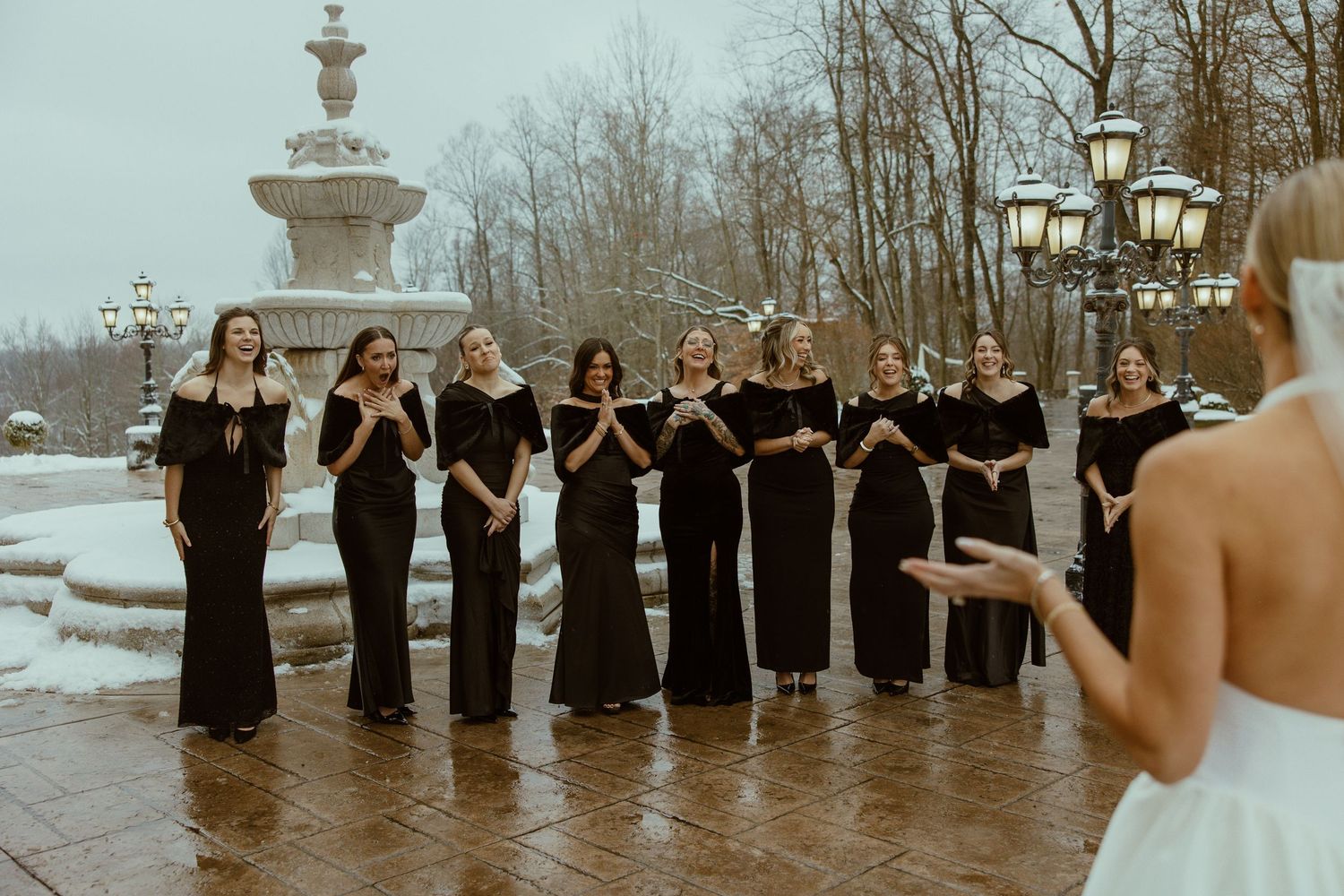 A wedding party wearing black dresses and formal attire poses in a line outdoors during winter.