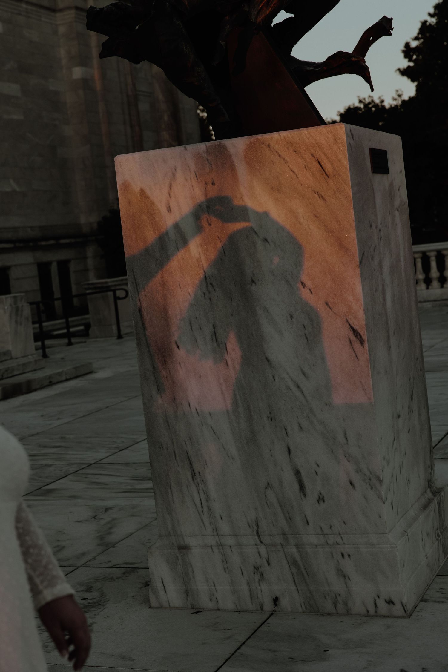 A shadowy silhouette cast on a pink-tinted marble or concrete pillar against a dark architectural background.