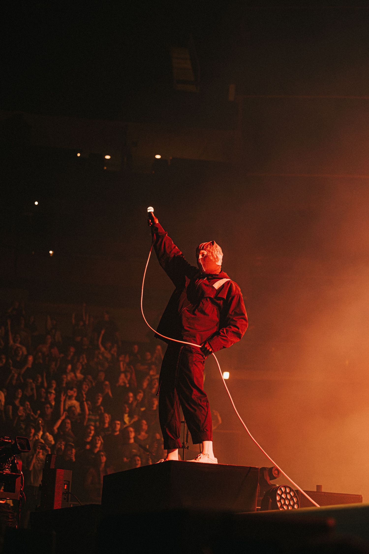 Performer in red lighting stands triumphantly above crowd during concert.