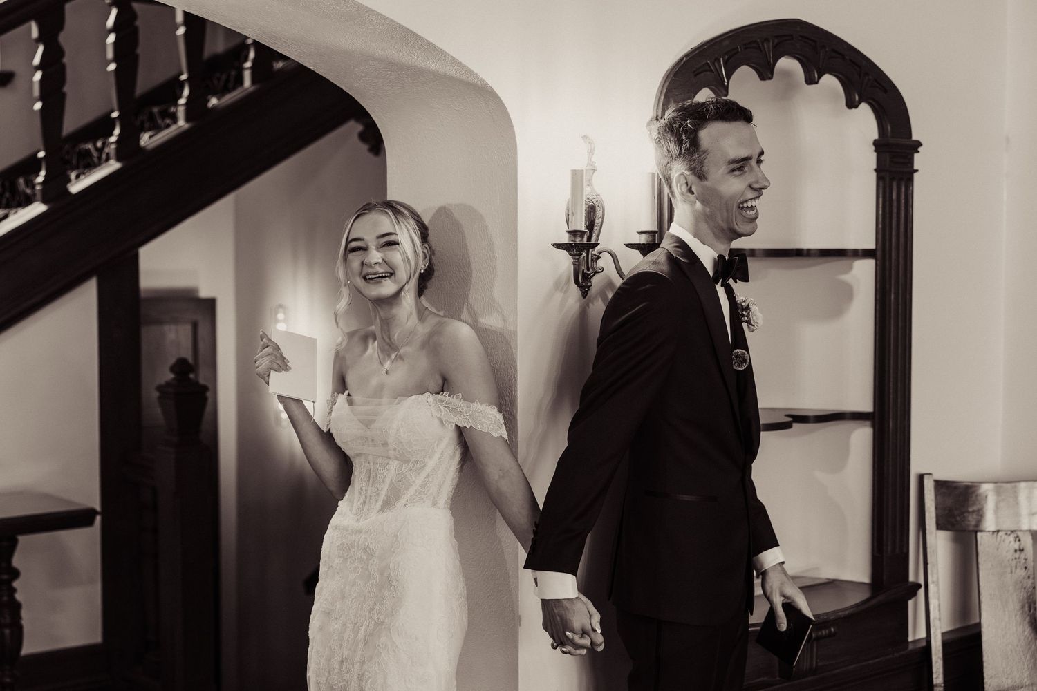 Black and white collage of wedding moments showing candid interactions between the bride and groom throughout their special day.
